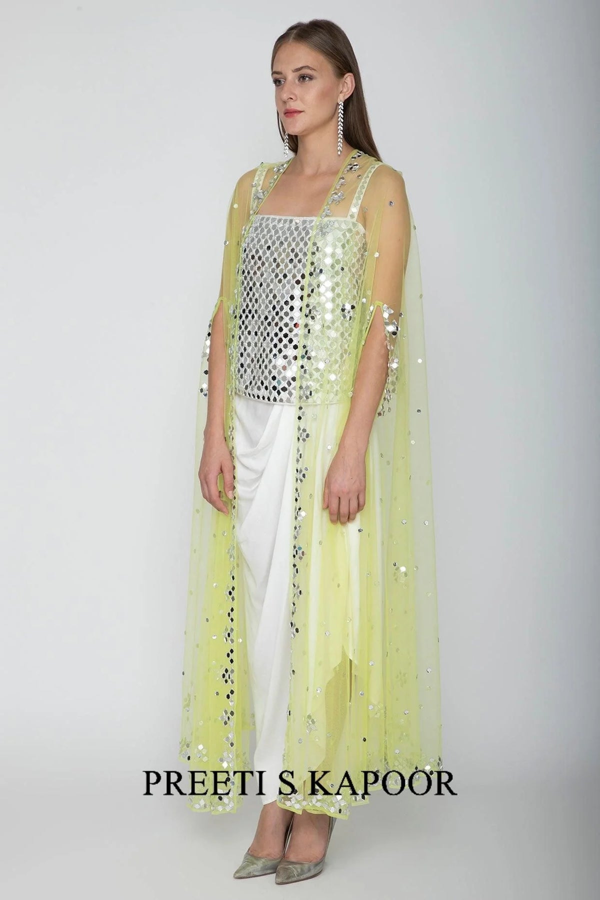 White Embroidered Blouse With Dhoti Skirt & Lime Yellow Cape - Preeti S Kapoor