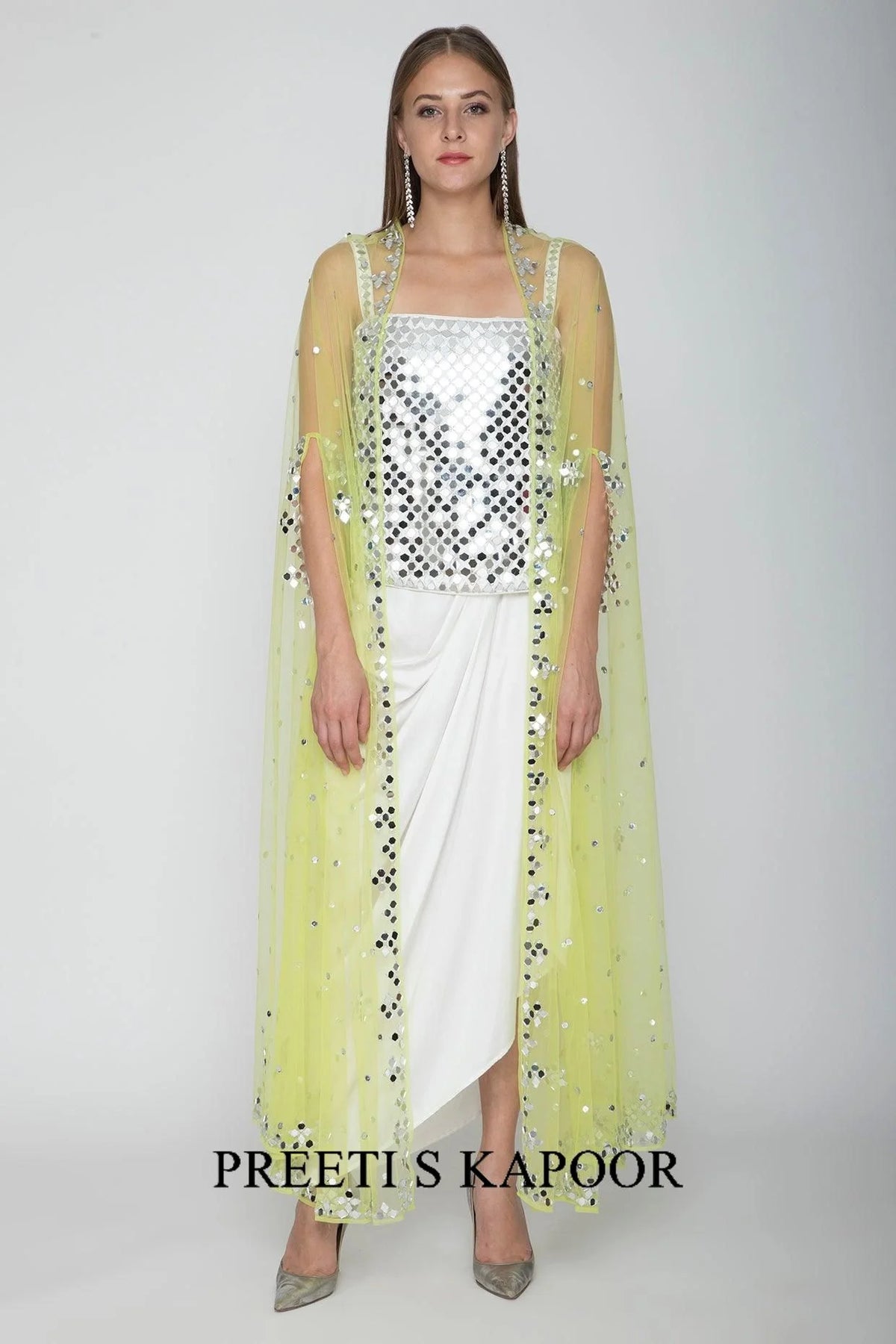 White Embroidered Blouse With Dhoti Skirt & Lime Yellow Cape - Preeti S Kapoor