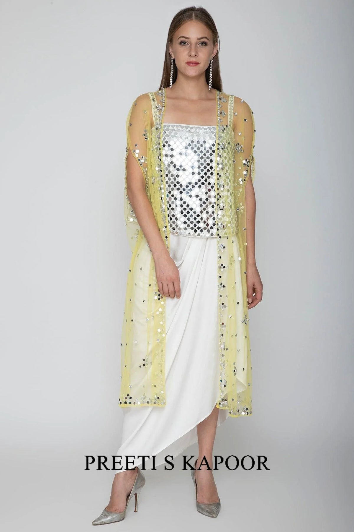 White Embroidered Blouse With Dhoti Skirt & Yellow Cape - Preeti S Kapoor