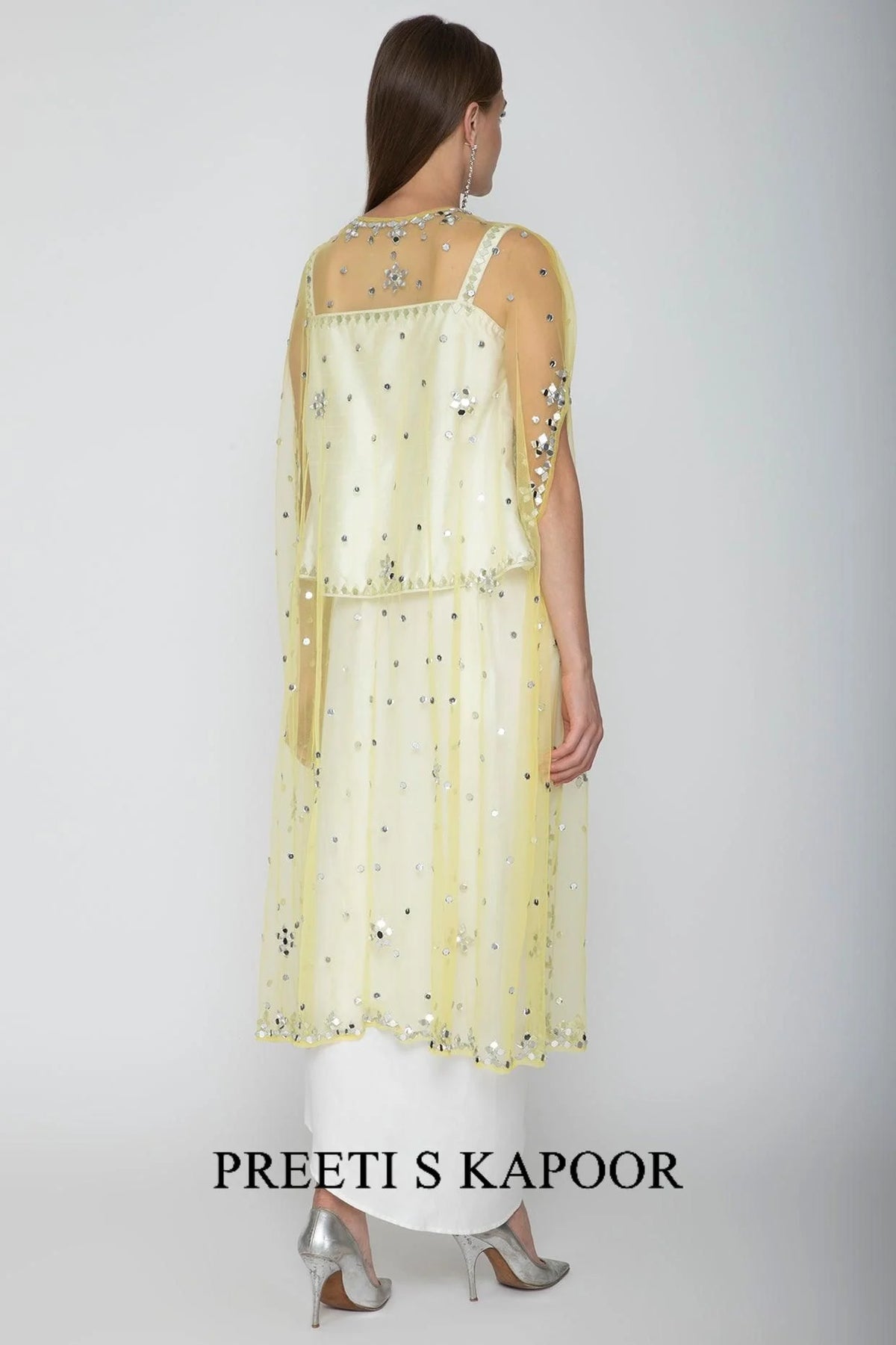 White Embroidered Blouse With Dhoti Skirt & Yellow Cape - Preeti S Kapoor