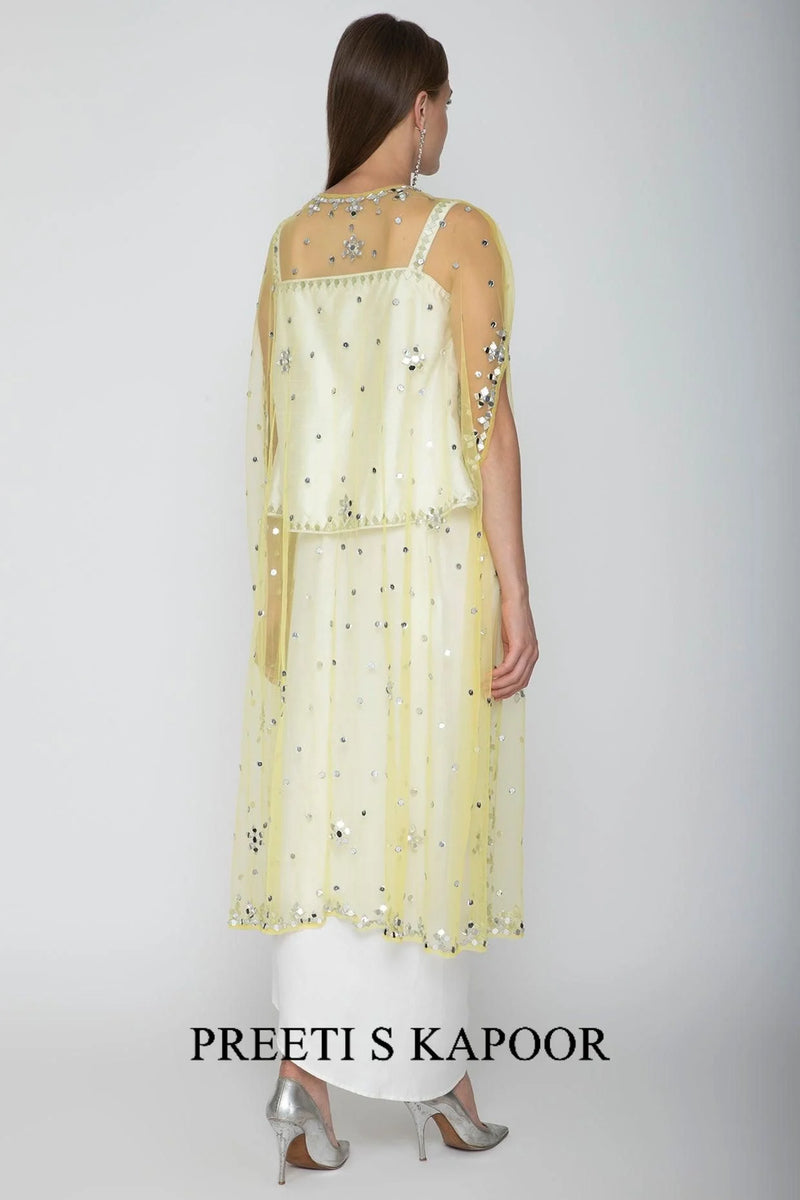 White Embroidered Blouse With Dhoti Skirt & Yellow Cape - Preeti S Kapoor