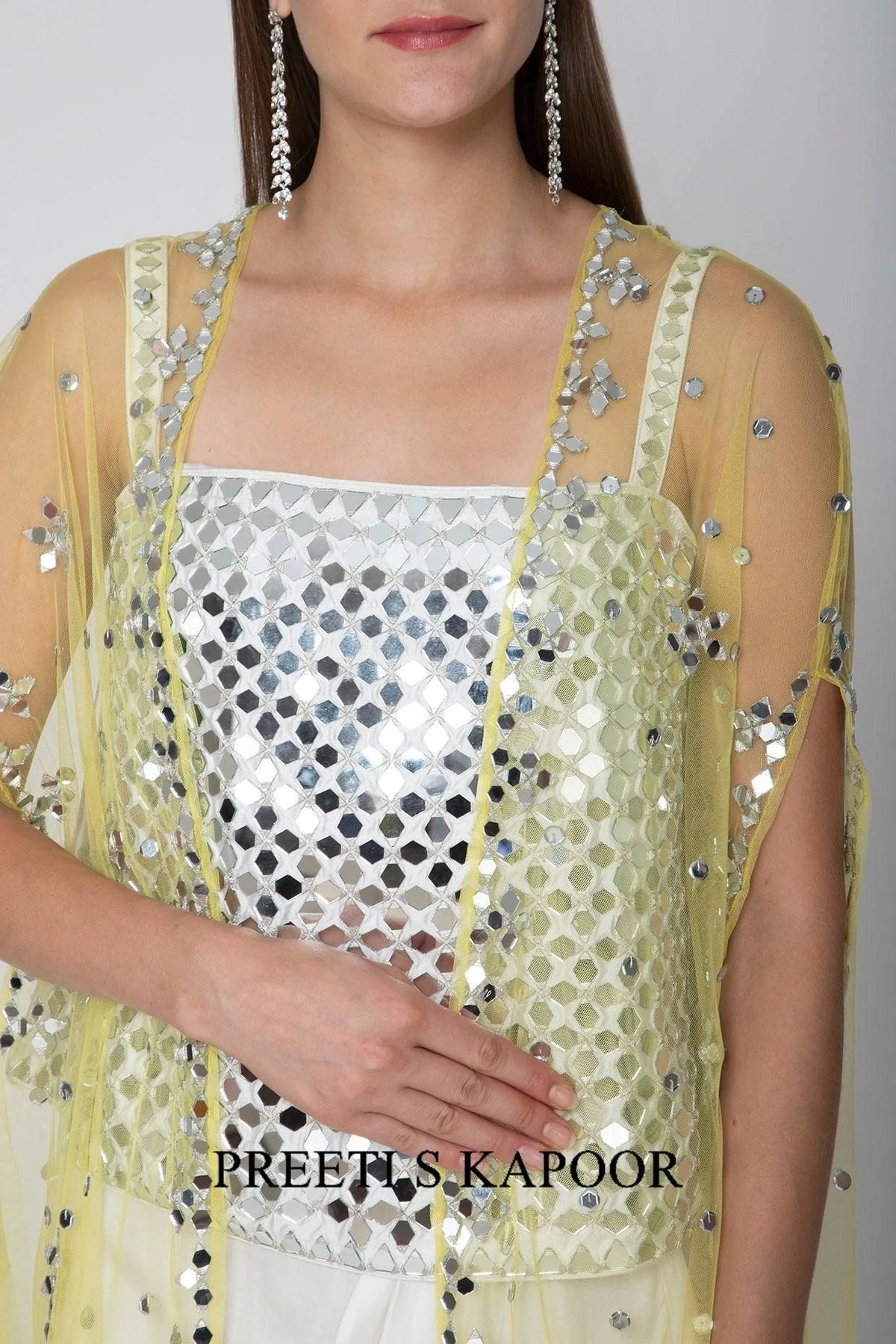 White Embroidered Blouse With Dhoti Skirt & Yellow Cape - Preeti S Kapoor