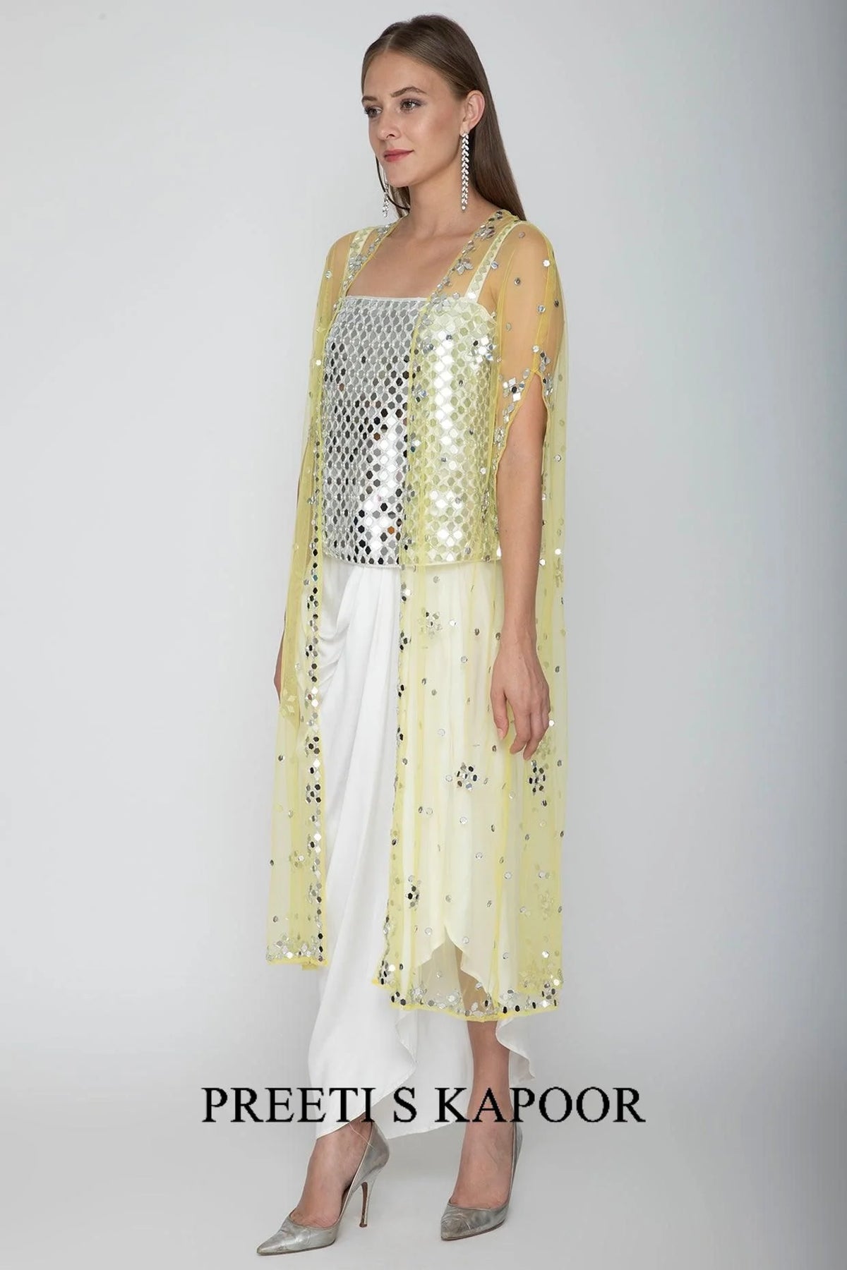 White Embroidered Blouse With Dhoti Skirt & Yellow Cape - Preeti S Kapoor
