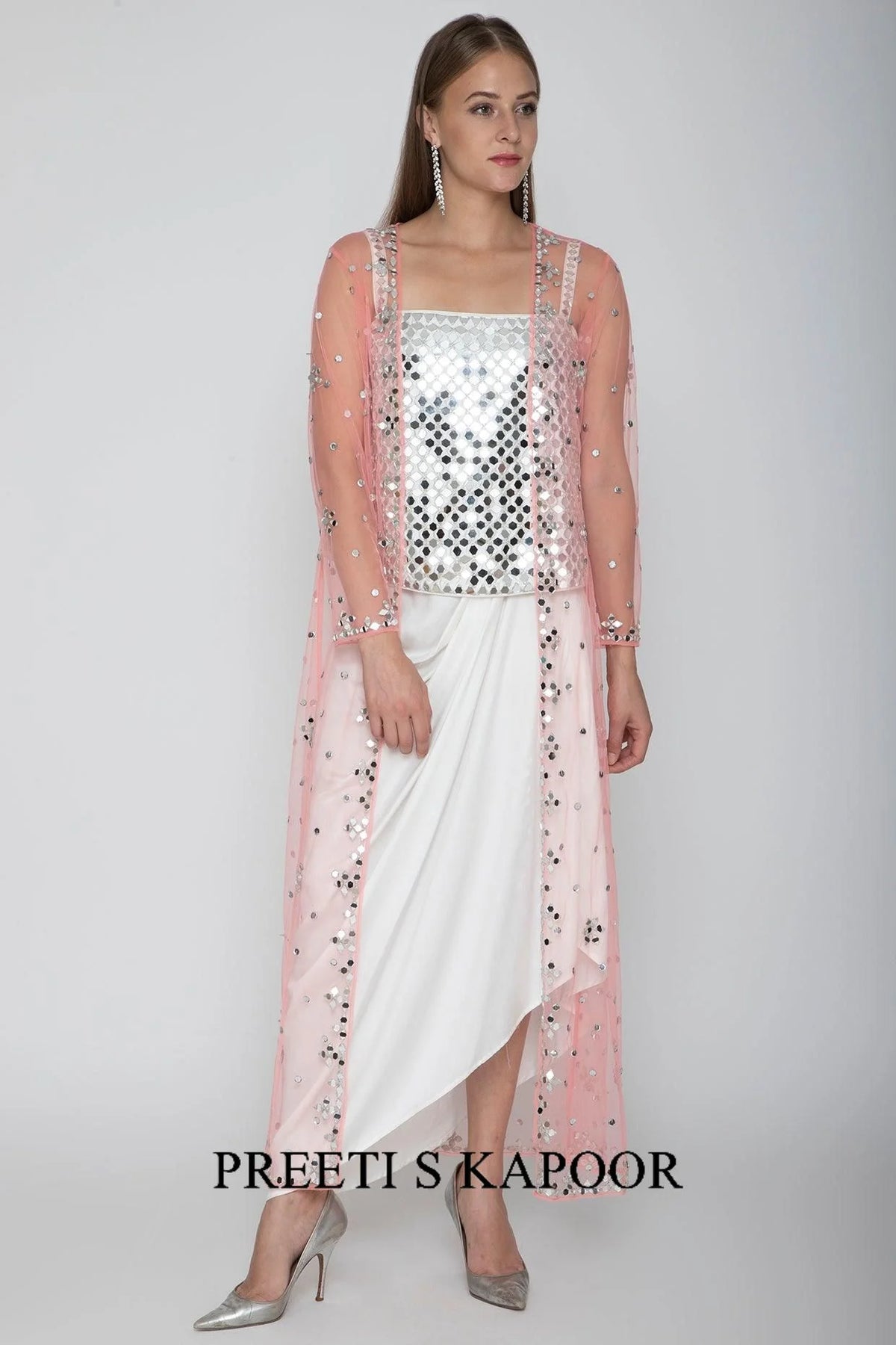 White Embroidered Blouse With Dhoti Skirt & Blush Pink Cape - Preeti S Kapoor