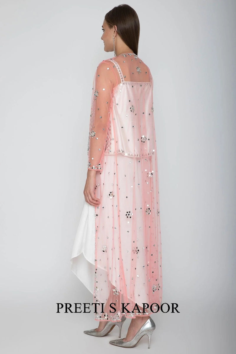 White Embroidered Blouse With Dhoti Skirt & Blush Pink Cape - Preeti S Kapoor