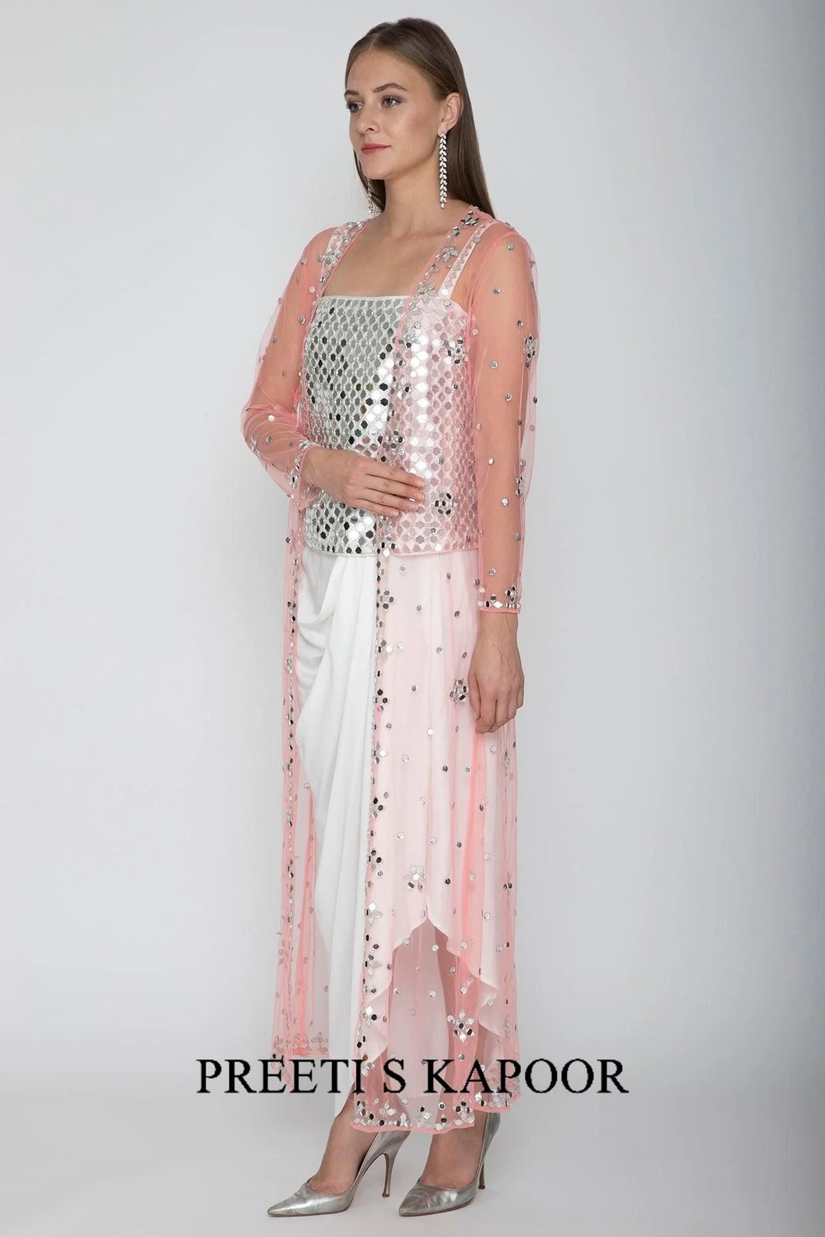 White Embroidered Blouse With Dhoti Skirt & Blush Pink Cape - Preeti S Kapoor