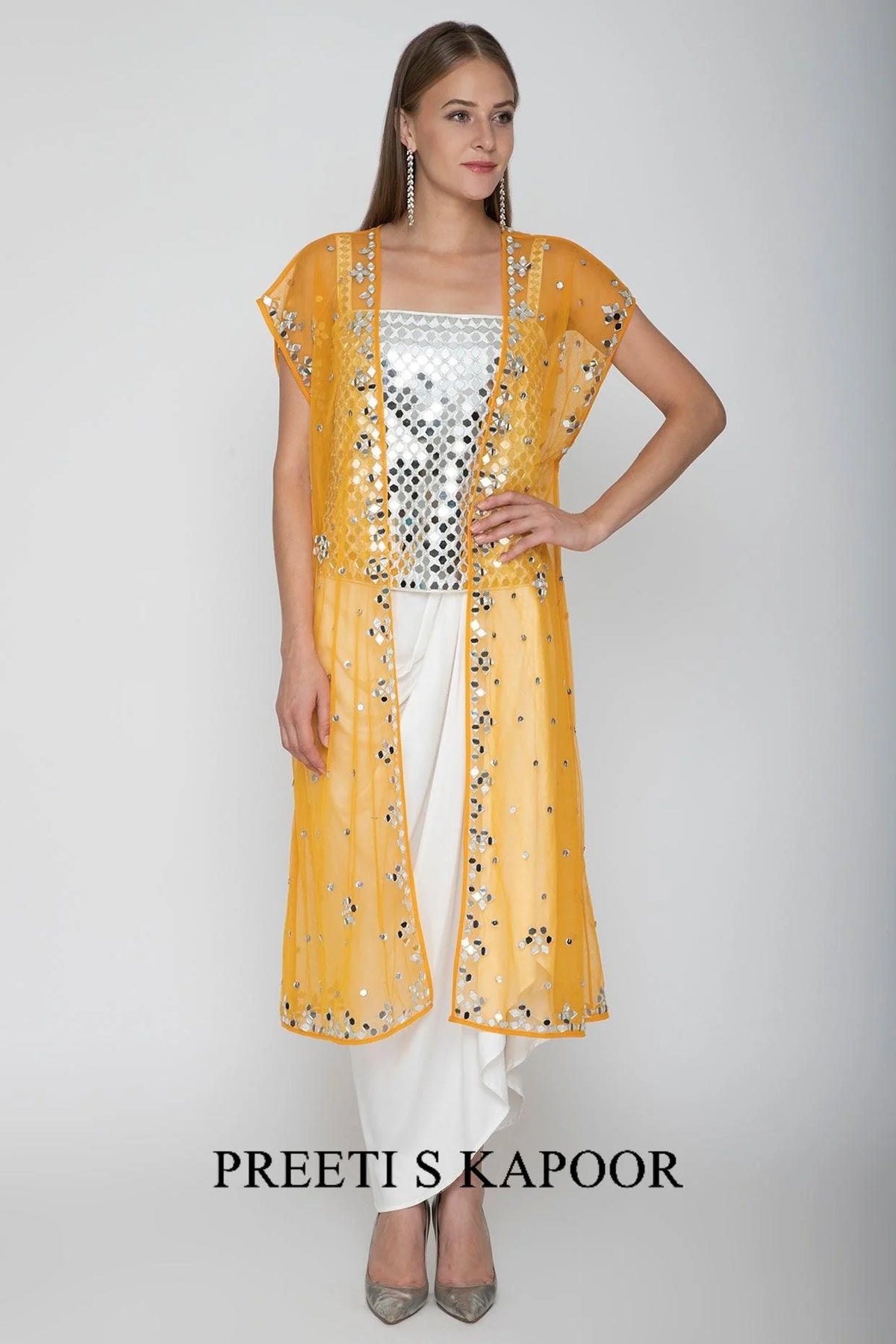 White Embroidered Blouse With Dhoti Skirt & Orange Cape - Preeti S Kapoor
