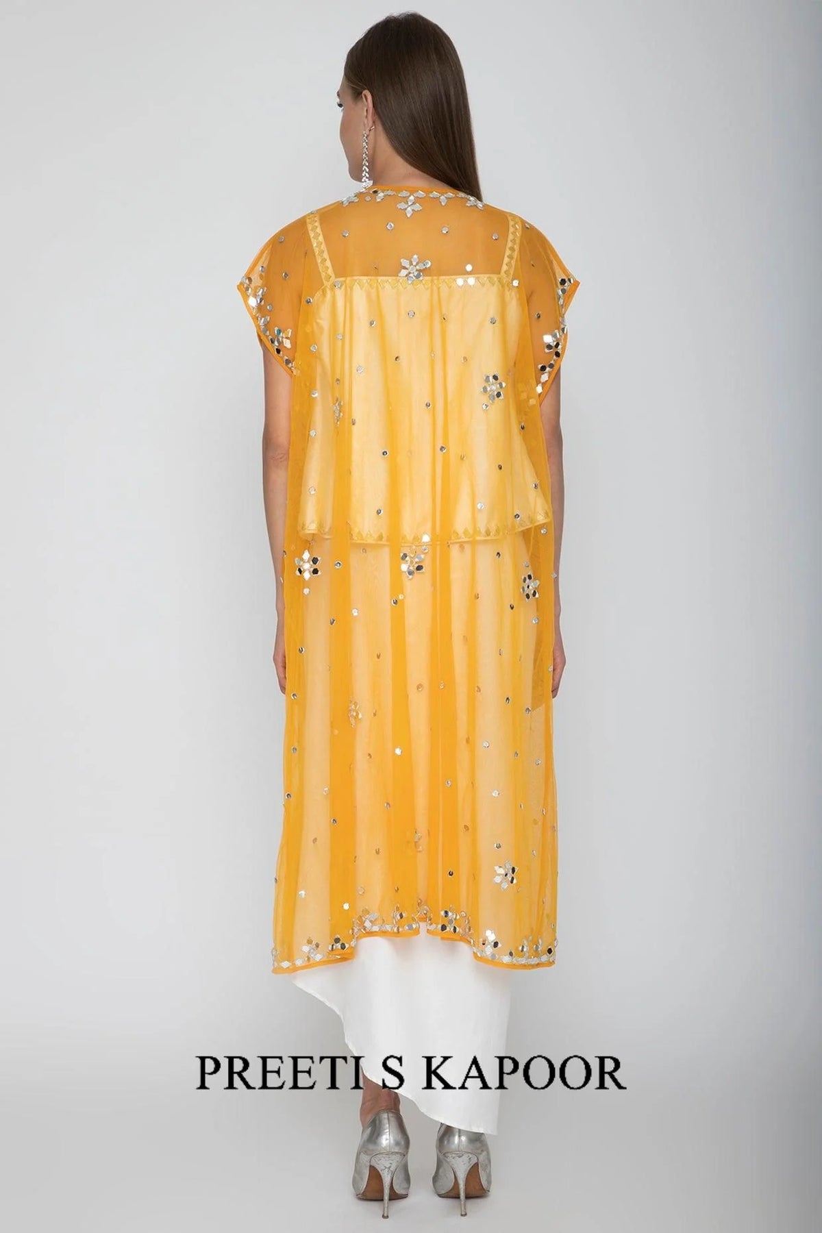 White Embroidered Blouse With Dhoti Skirt & Orange Cape - Preeti S Kapoor