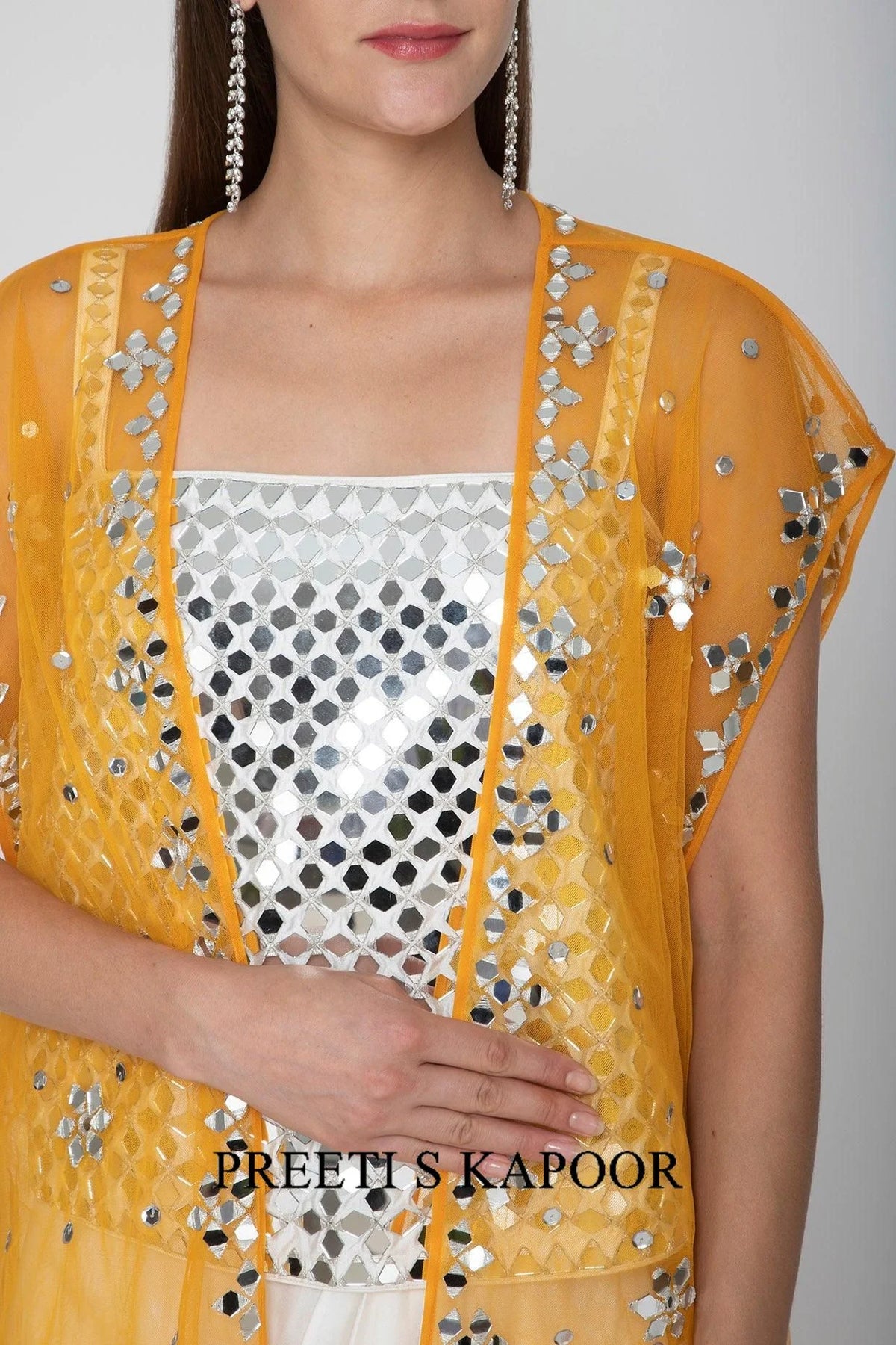 White Embroidered Blouse With Dhoti Skirt & Orange Cape - Preeti S Kapoor