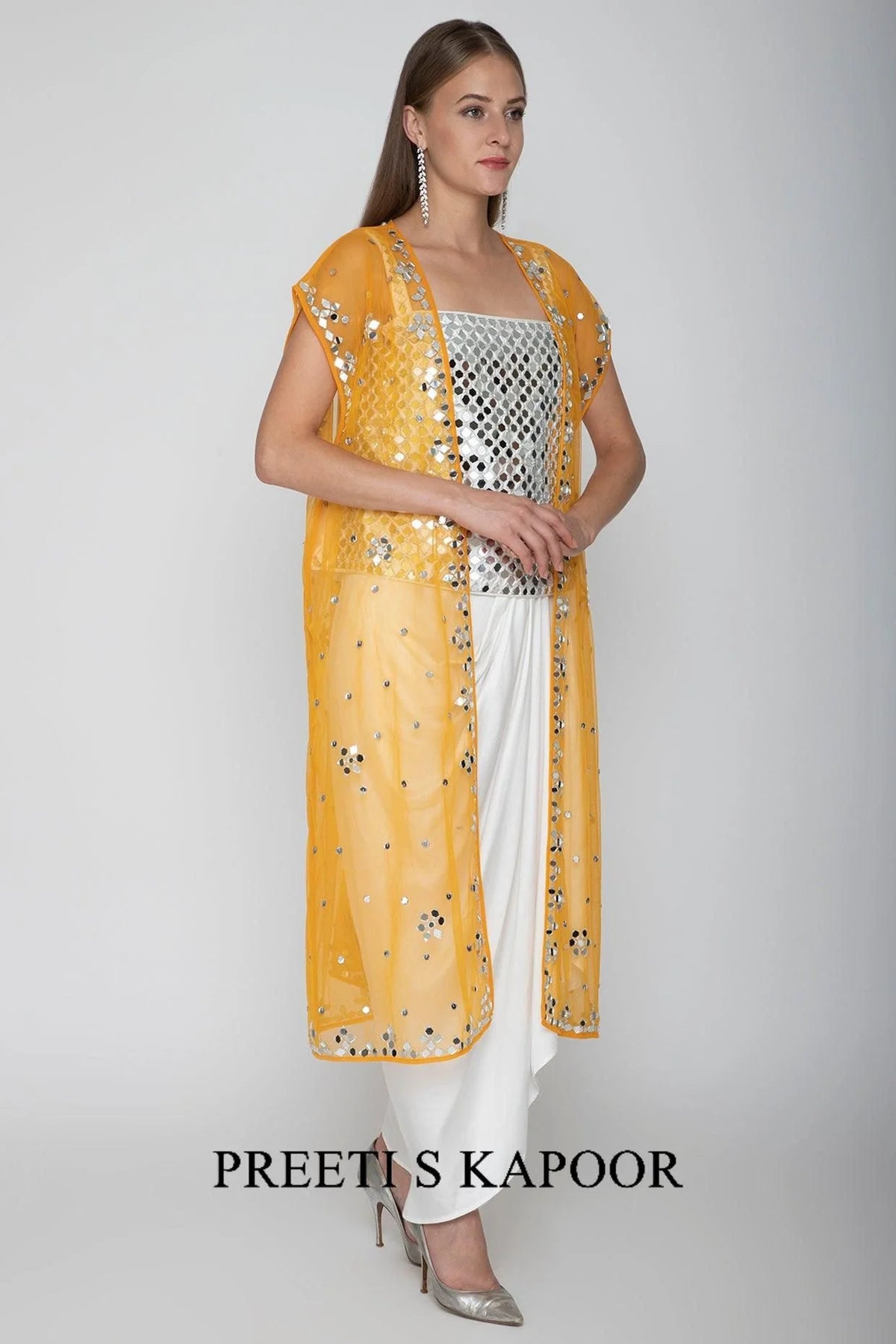 White Embroidered Blouse With Dhoti Skirt & Orange Cape - Preeti S Kapoor