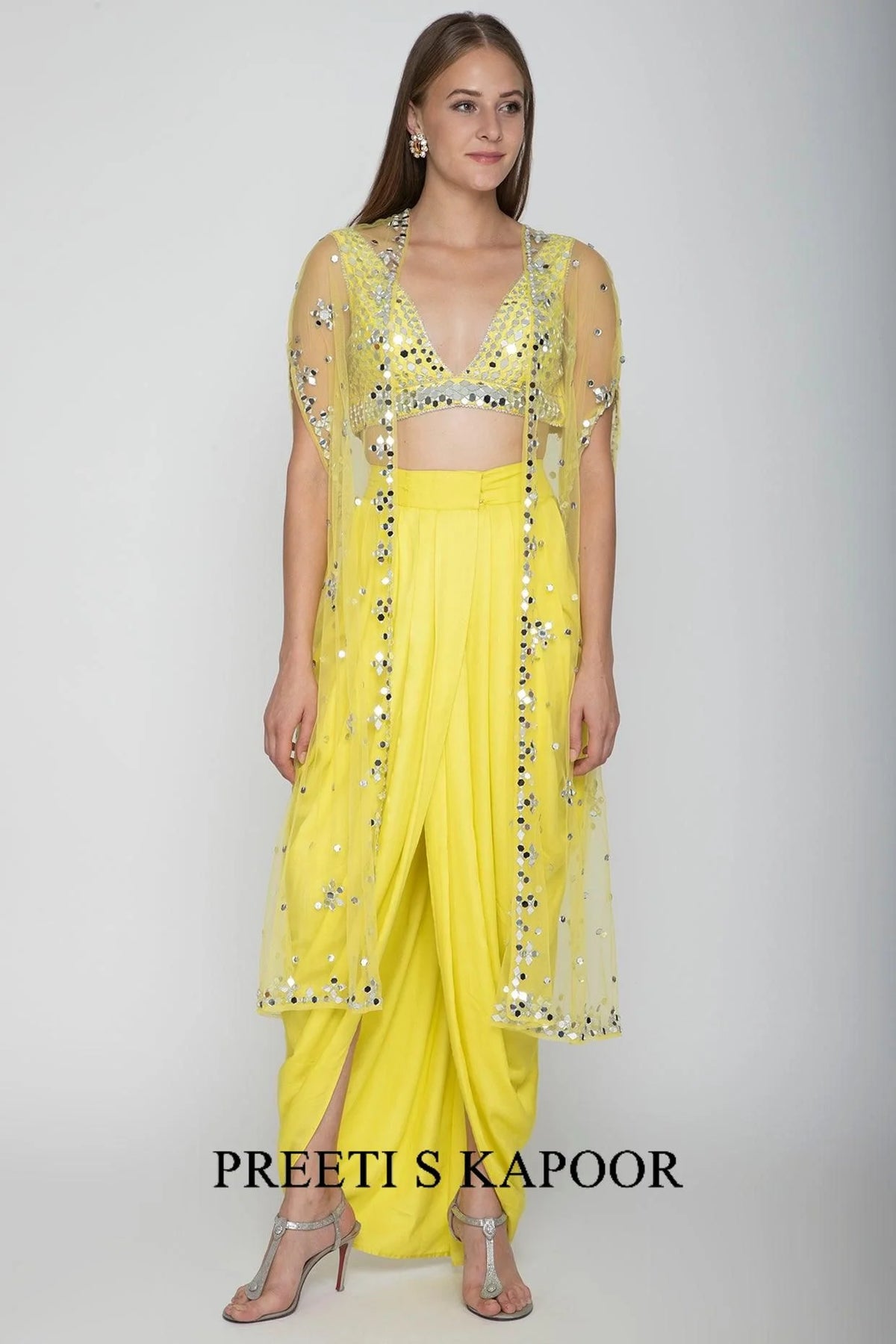 Yellow Embroidered Blouse With Dhoti Skirt & Cape - Preeti S Kapoor