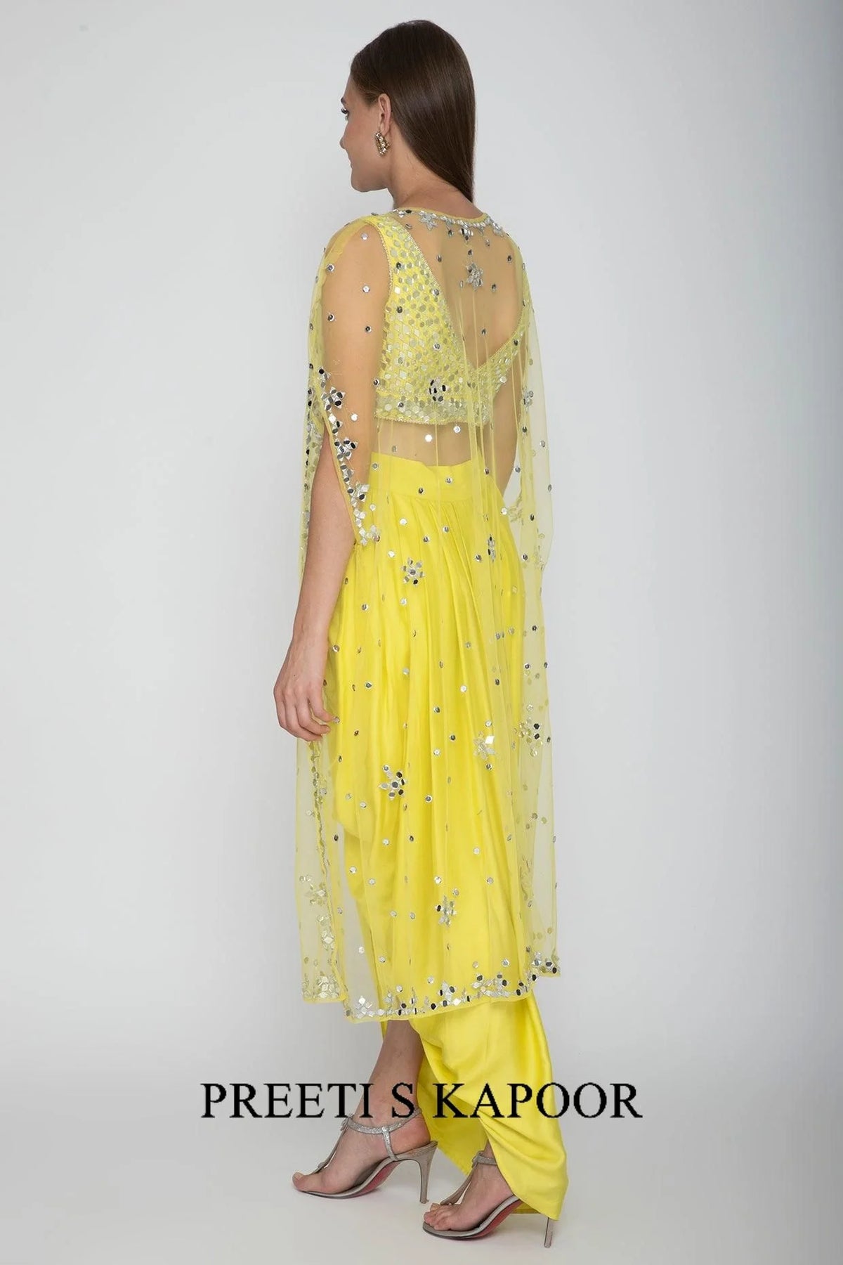 Yellow Embroidered Blouse With Dhoti Skirt & Cape - Preeti S Kapoor