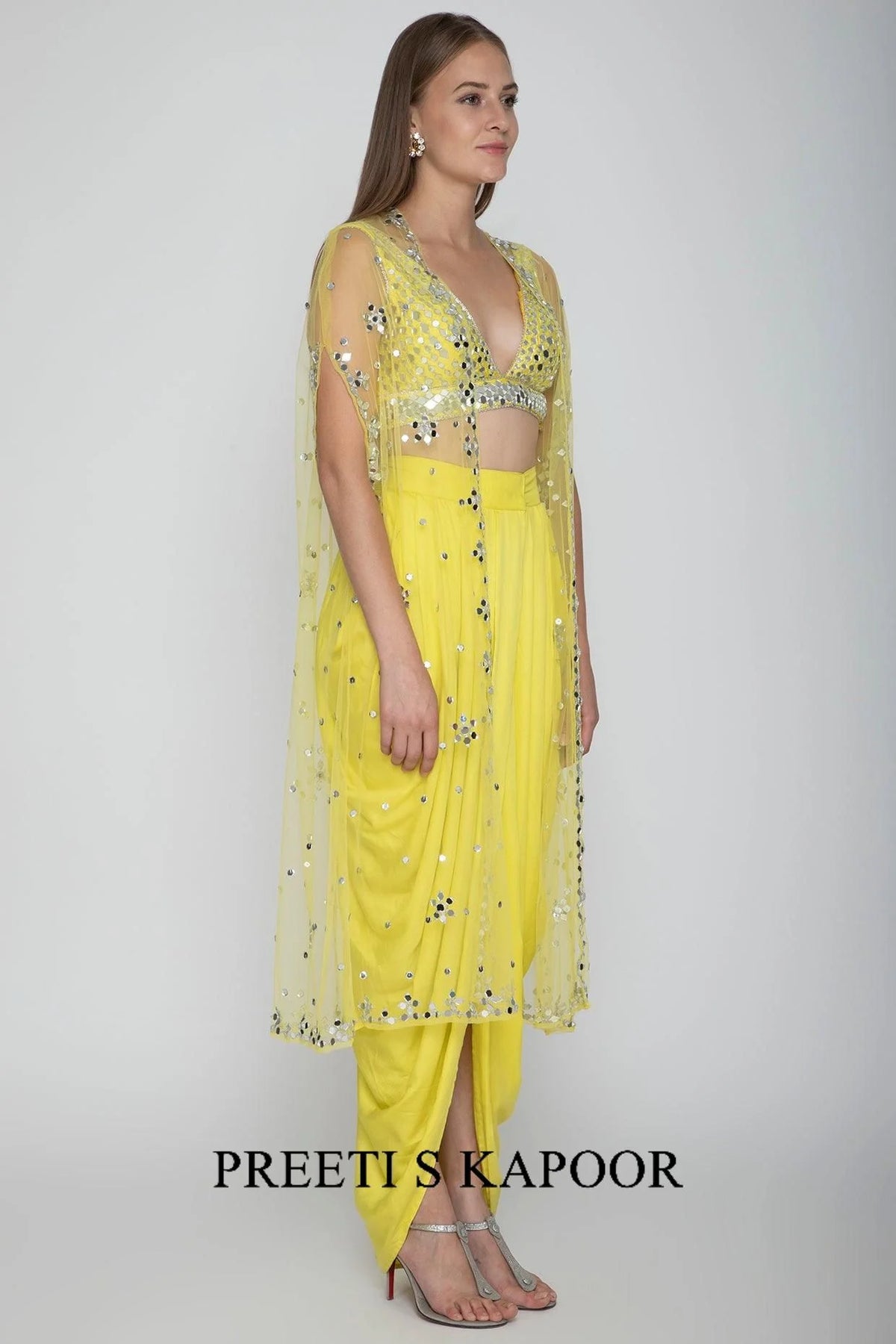 Yellow Embroidered Blouse With Dhoti Skirt & Cape - Preeti S Kapoor