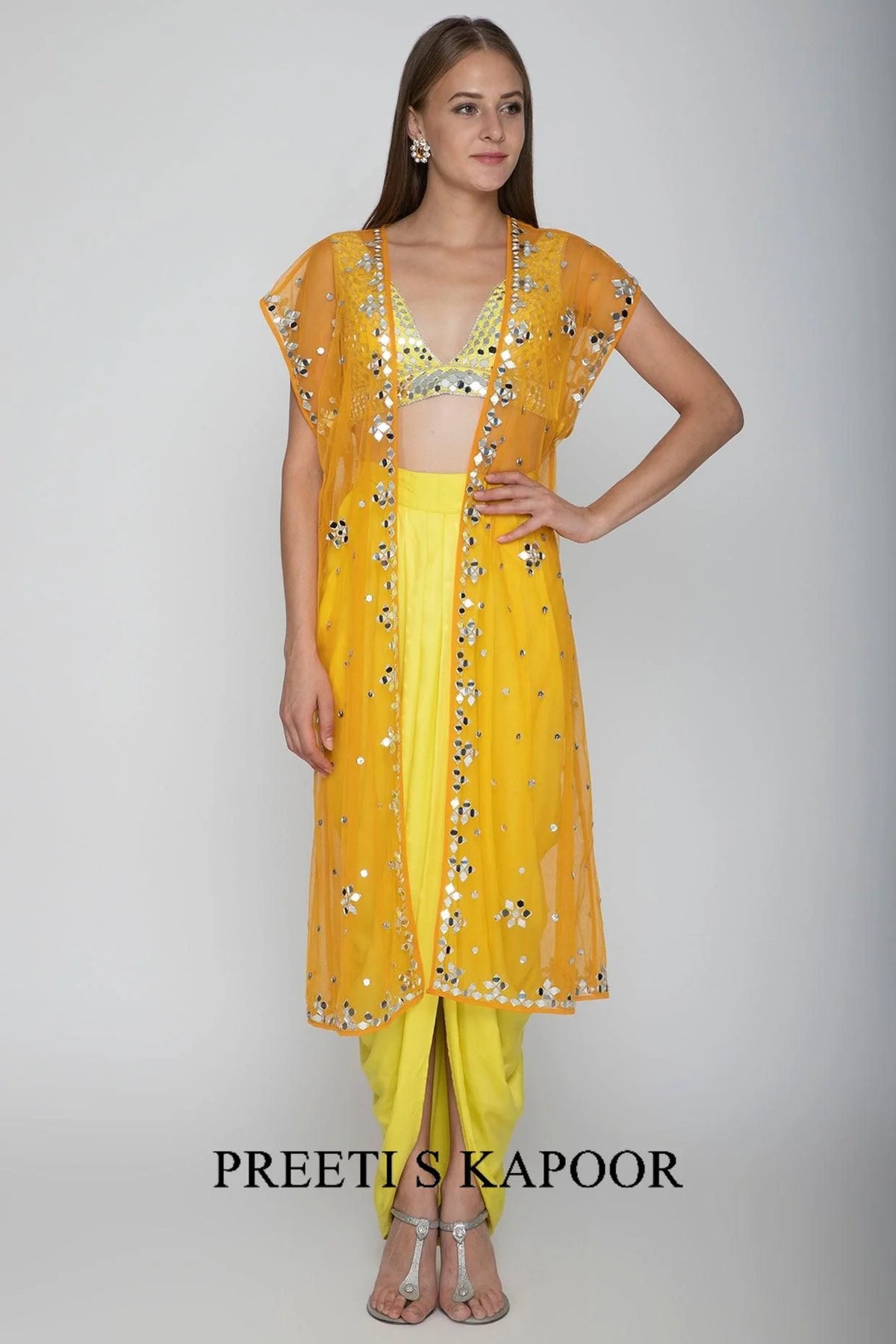 Yellow Embroidered Blouse With Dhoti Skirt & Orange Cape - Preeti S Kapoor