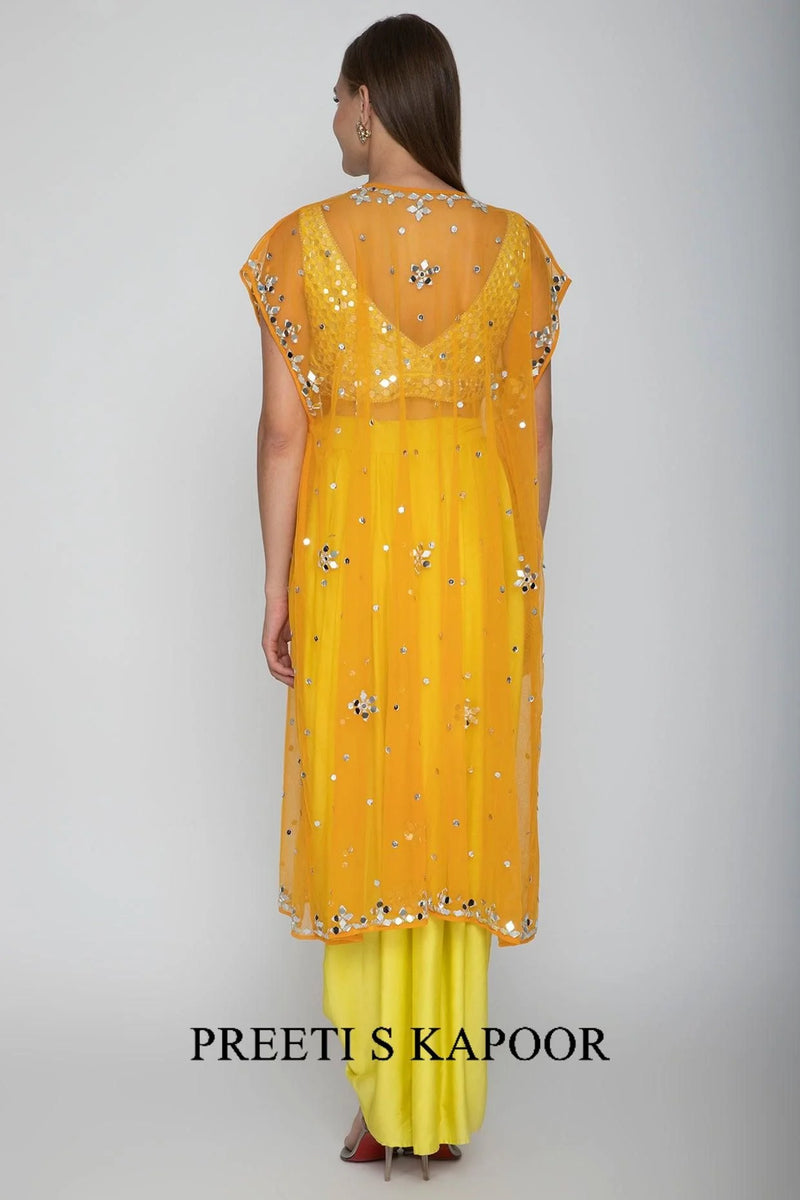 Yellow Embroidered Blouse With Dhoti Skirt & Orange Cape - Preeti S Kapoor