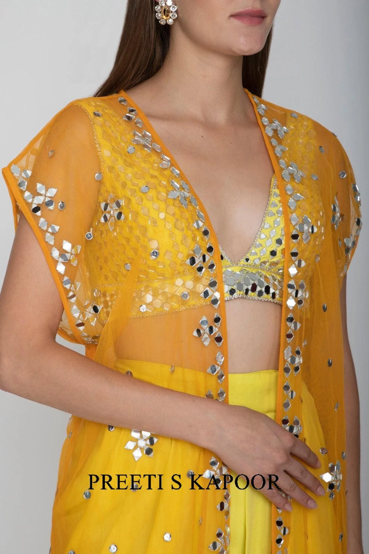 Yellow Embroidered Blouse With Dhoti Skirt & Orange Cape - Preeti S Kapoor