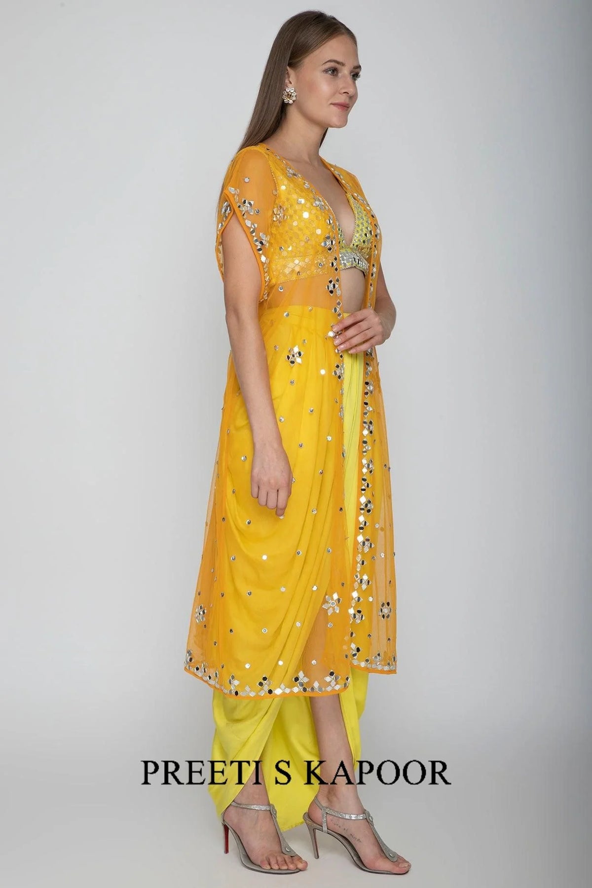 Yellow Embroidered Blouse With Dhoti Skirt & Orange Cape - Preeti S Kapoor