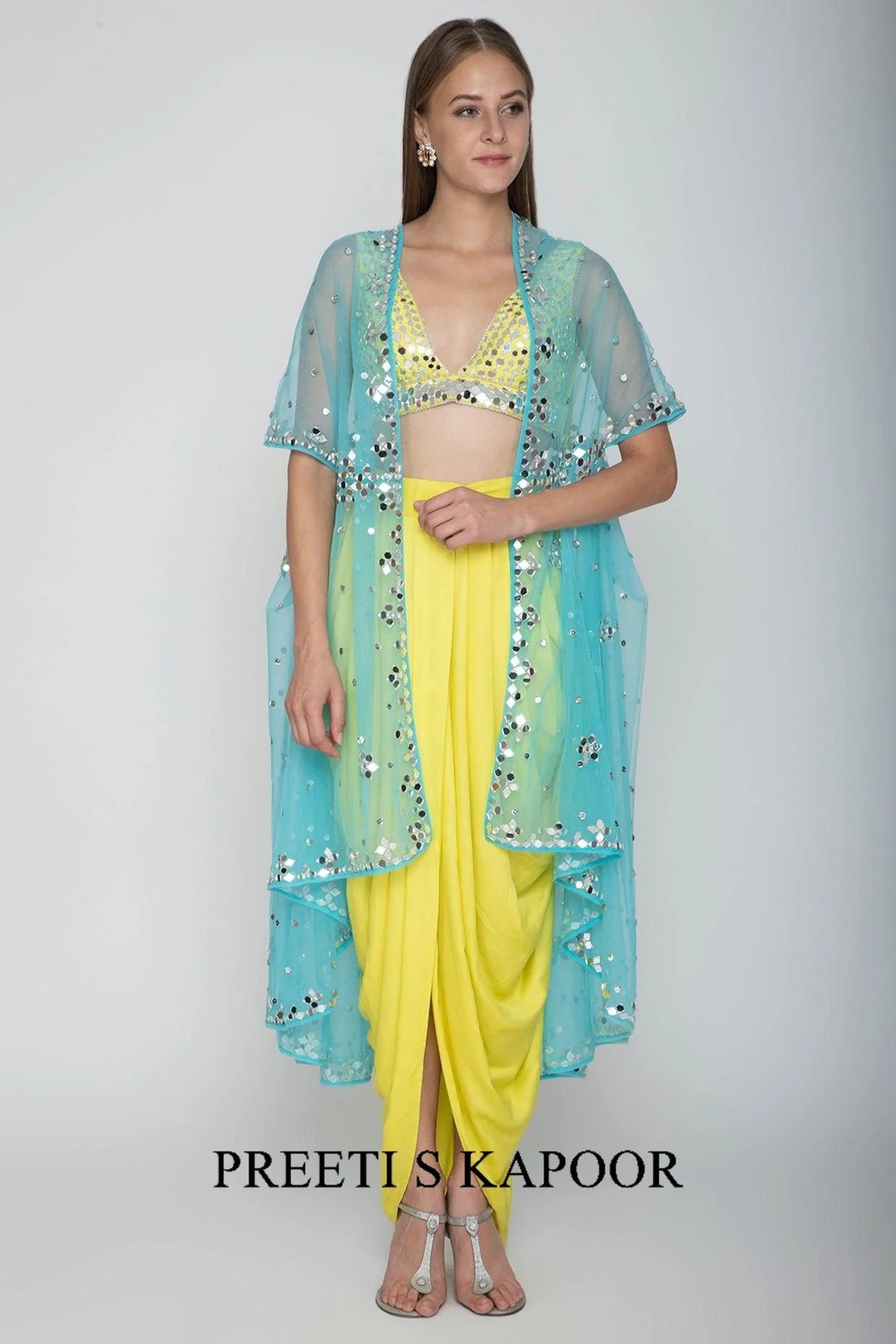 Yellow Embroidered Blouse With Dhoti Skirt & Sky Blue Cape - Preeti S Kapoor