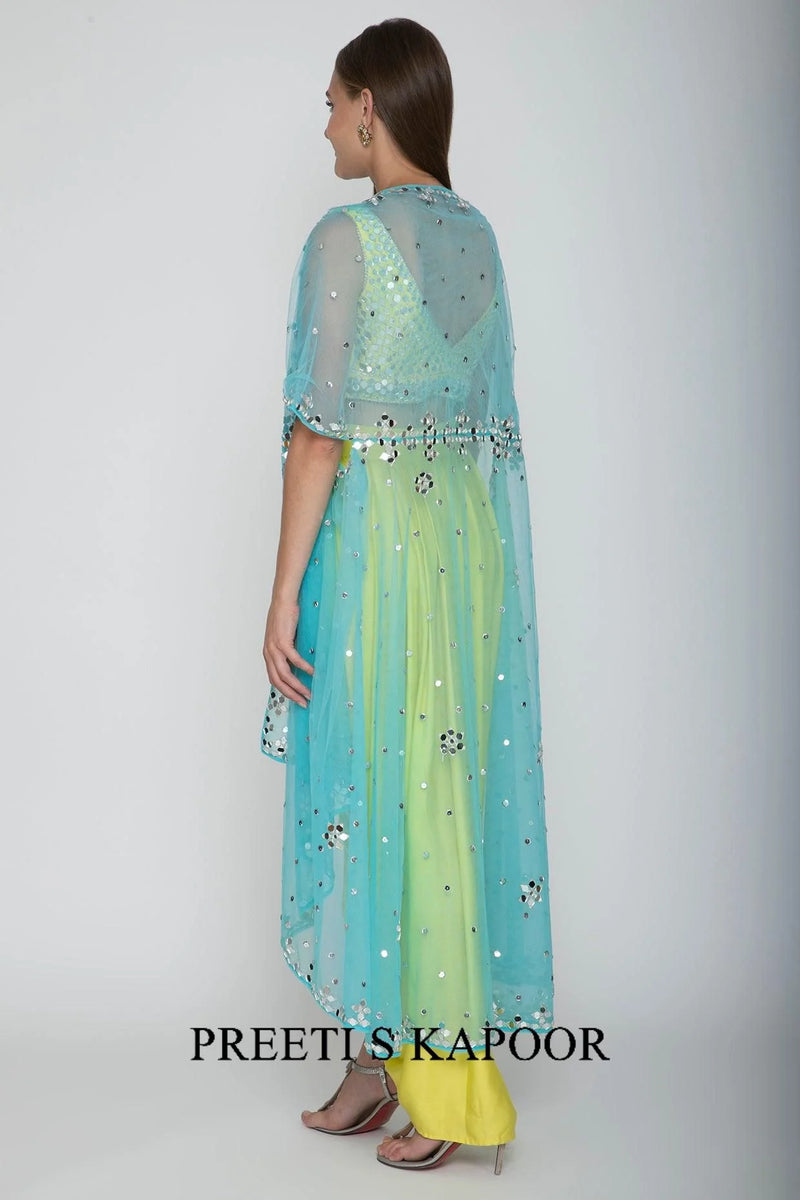 Yellow Embroidered Blouse With Dhoti Skirt & Sky Blue Cape - Preeti S Kapoor