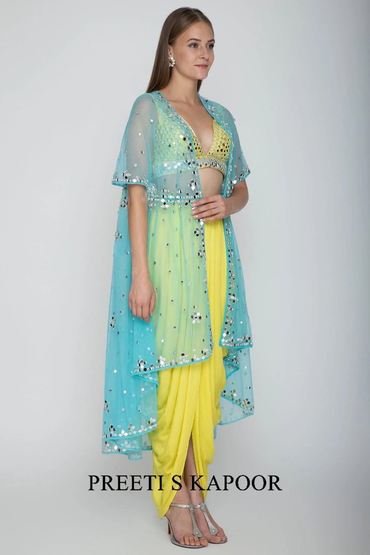 Yellow Embroidered Blouse With Dhoti Skirt & Sky Blue Cape - Preeti S Kapoor