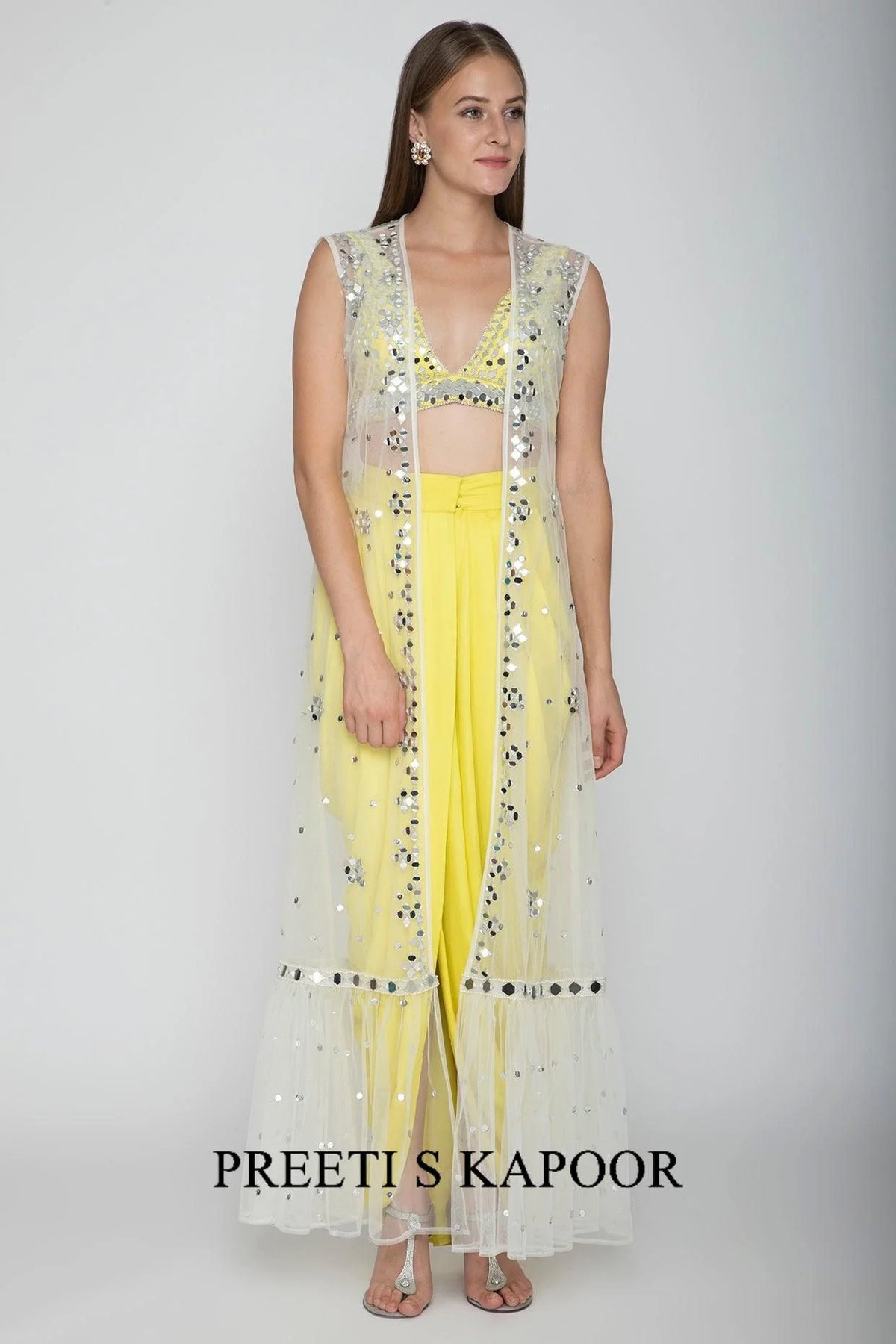 Yellow Embroidered Blouse With Dhoti Skirt & White Cape - Preeti S Kapoor