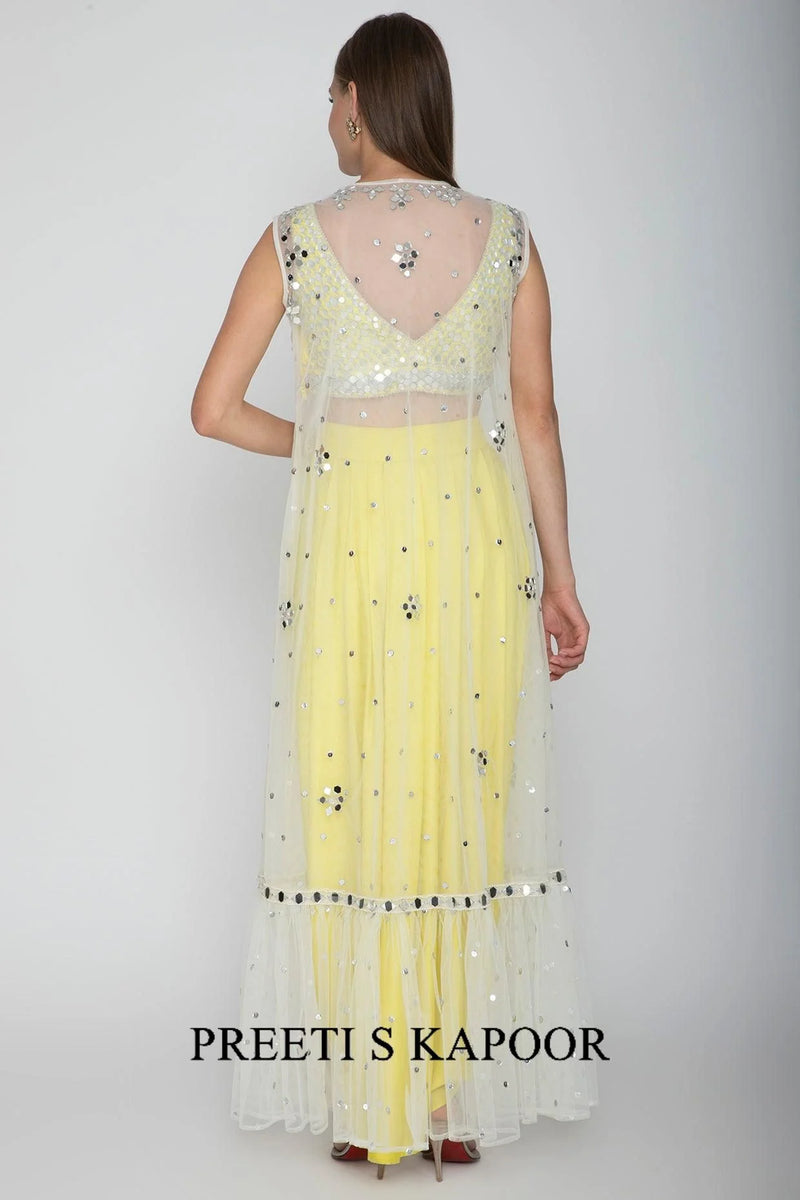 Yellow Embroidered Blouse With Dhoti Skirt & White Cape - Preeti S Kapoor