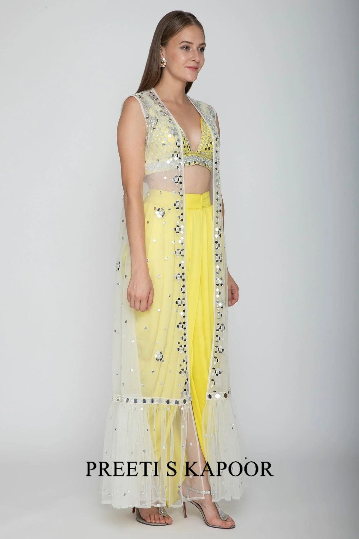Yellow Embroidered Blouse With Dhoti Skirt & White Cape - Preeti S Kapoor