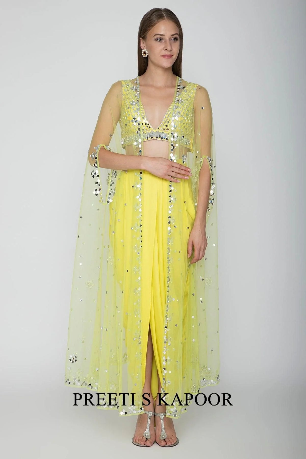 Yellow Embroidered Blouse With Dhoti Skirt & Lime Yellow Cape - Preeti S Kapoor