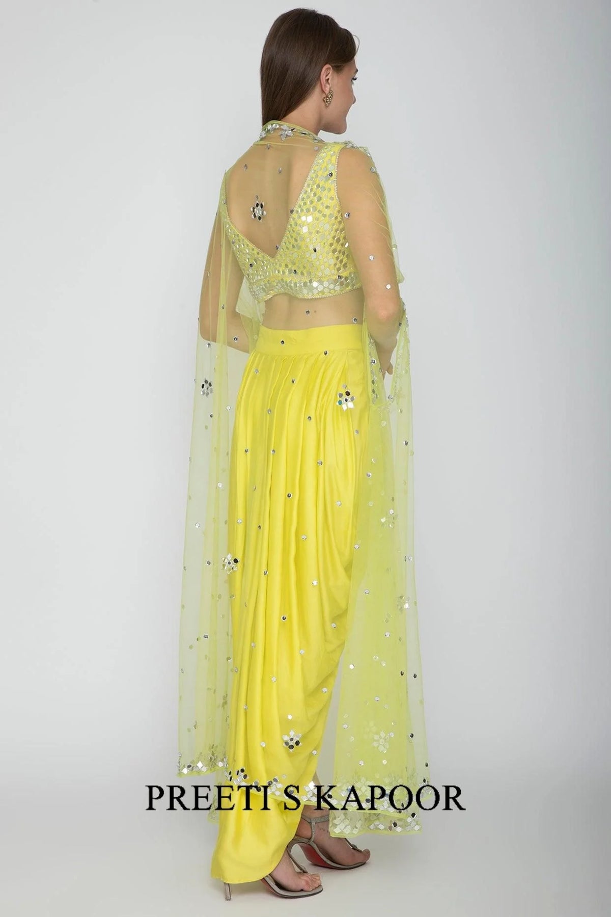 Yellow Embroidered Blouse With Dhoti Skirt & Lime Yellow Cape - Preeti S Kapoor
