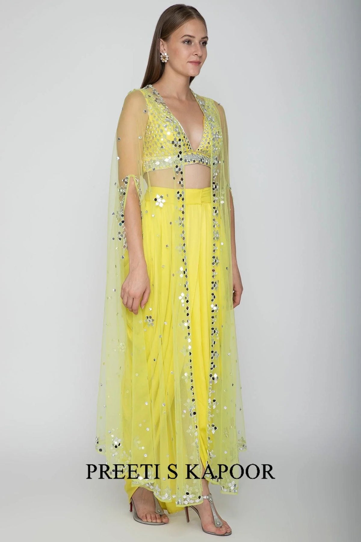 Yellow Embroidered Blouse With Dhoti Skirt & Lime Yellow Cape - Preeti S Kapoor