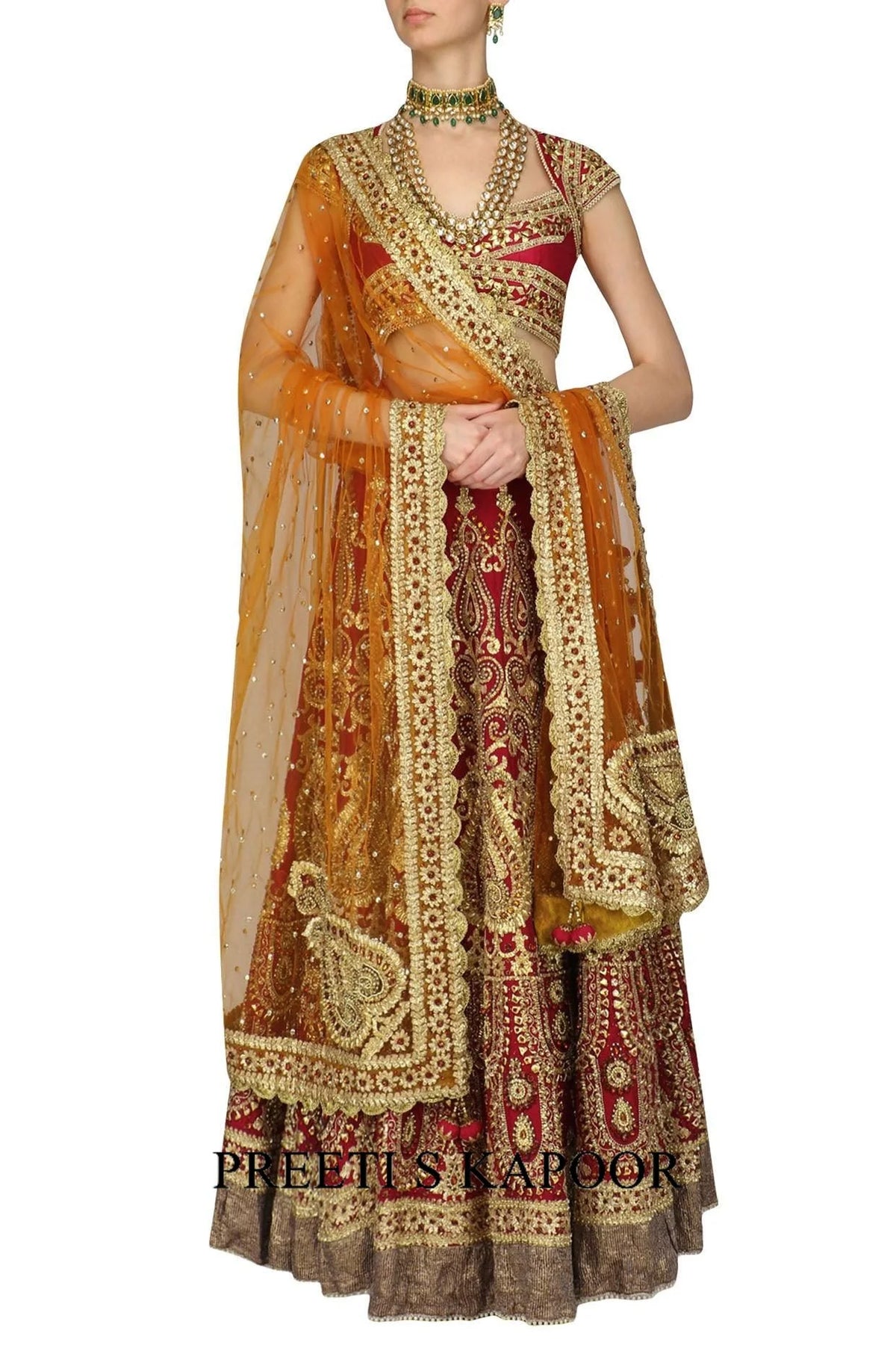 Red And Gold Embroidered Lehenga Set - Preeti S Kapoor