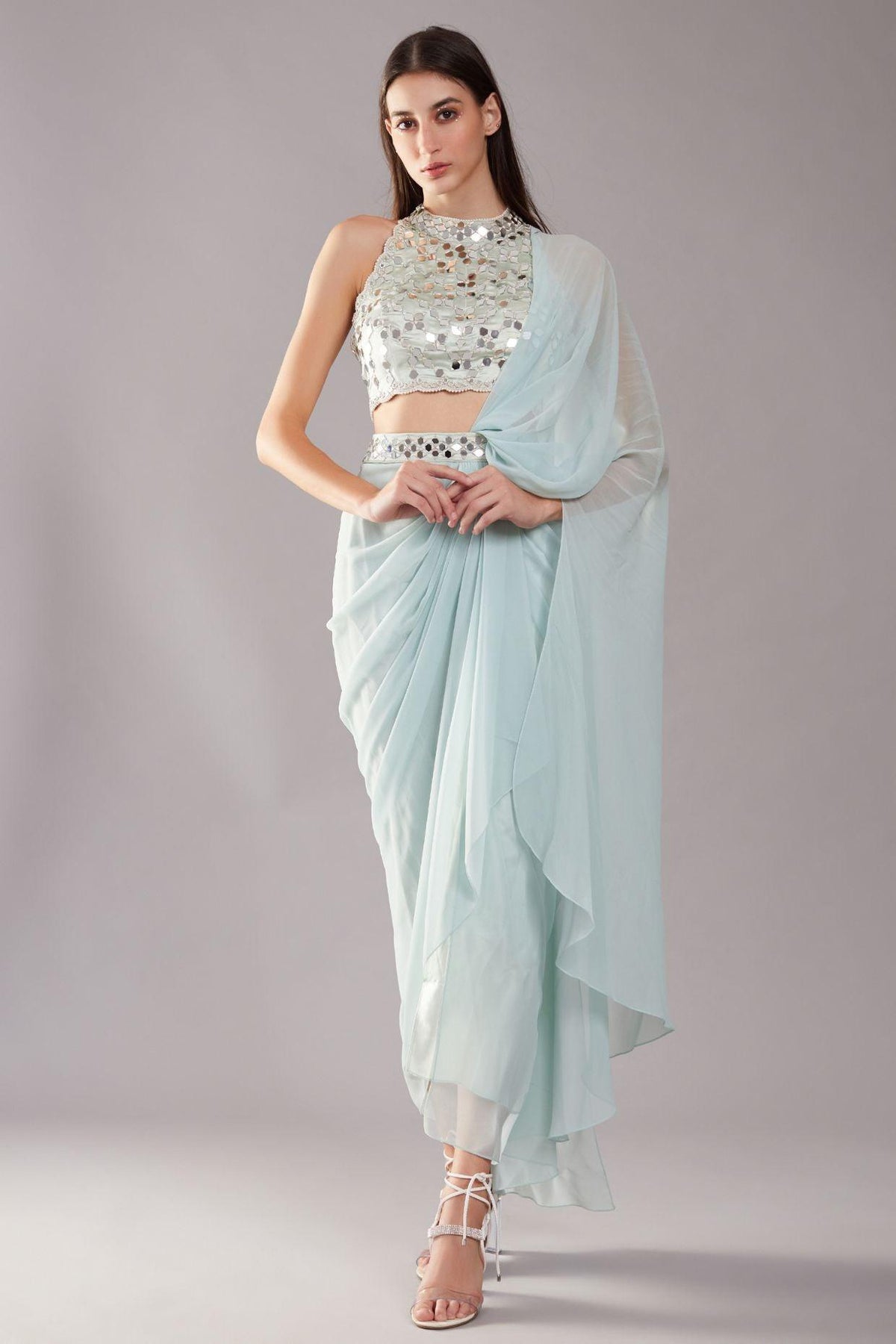 Mint Green Mirror Drape Saree - Preeti s kapoor