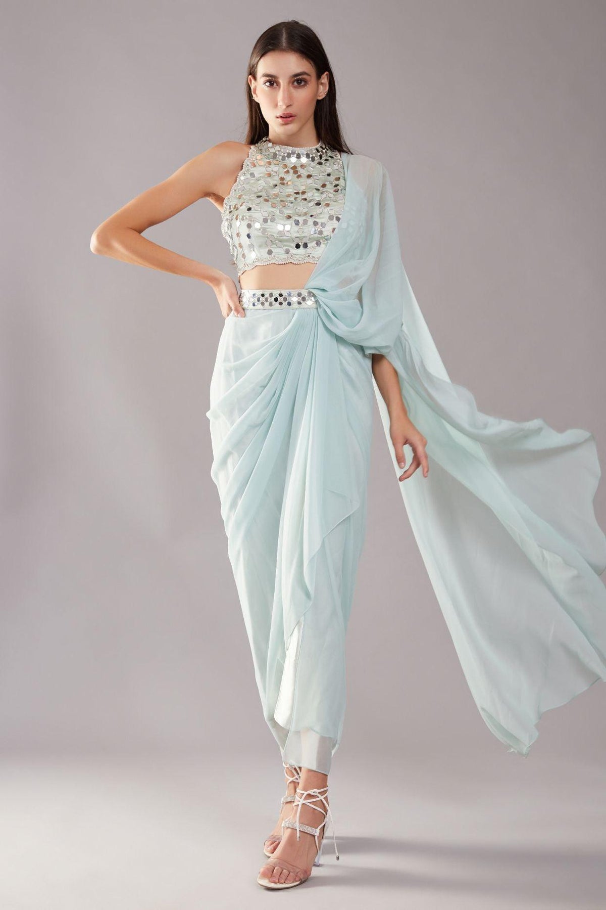 Mint Green Mirror Drape Saree - Preeti s kapoor
