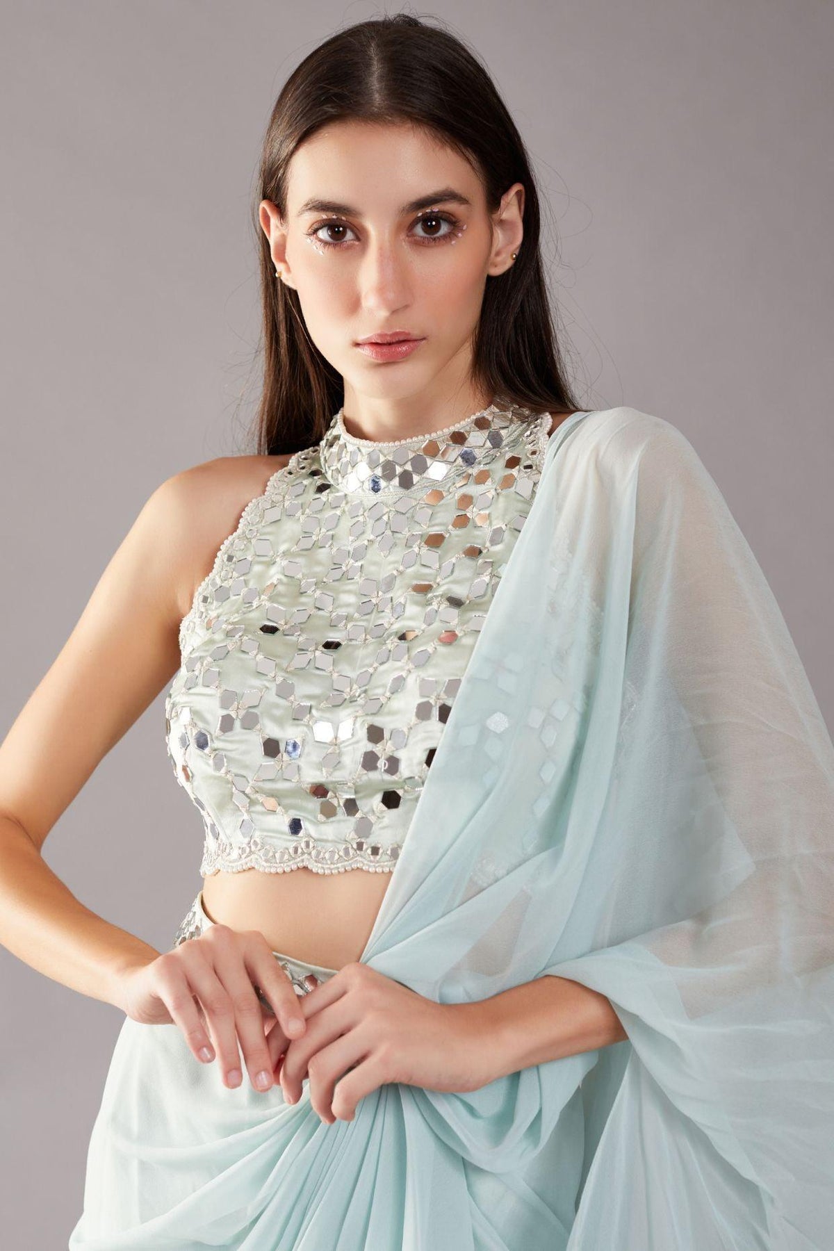 Mint Green Mirror Drape Saree - Preeti s kapoor