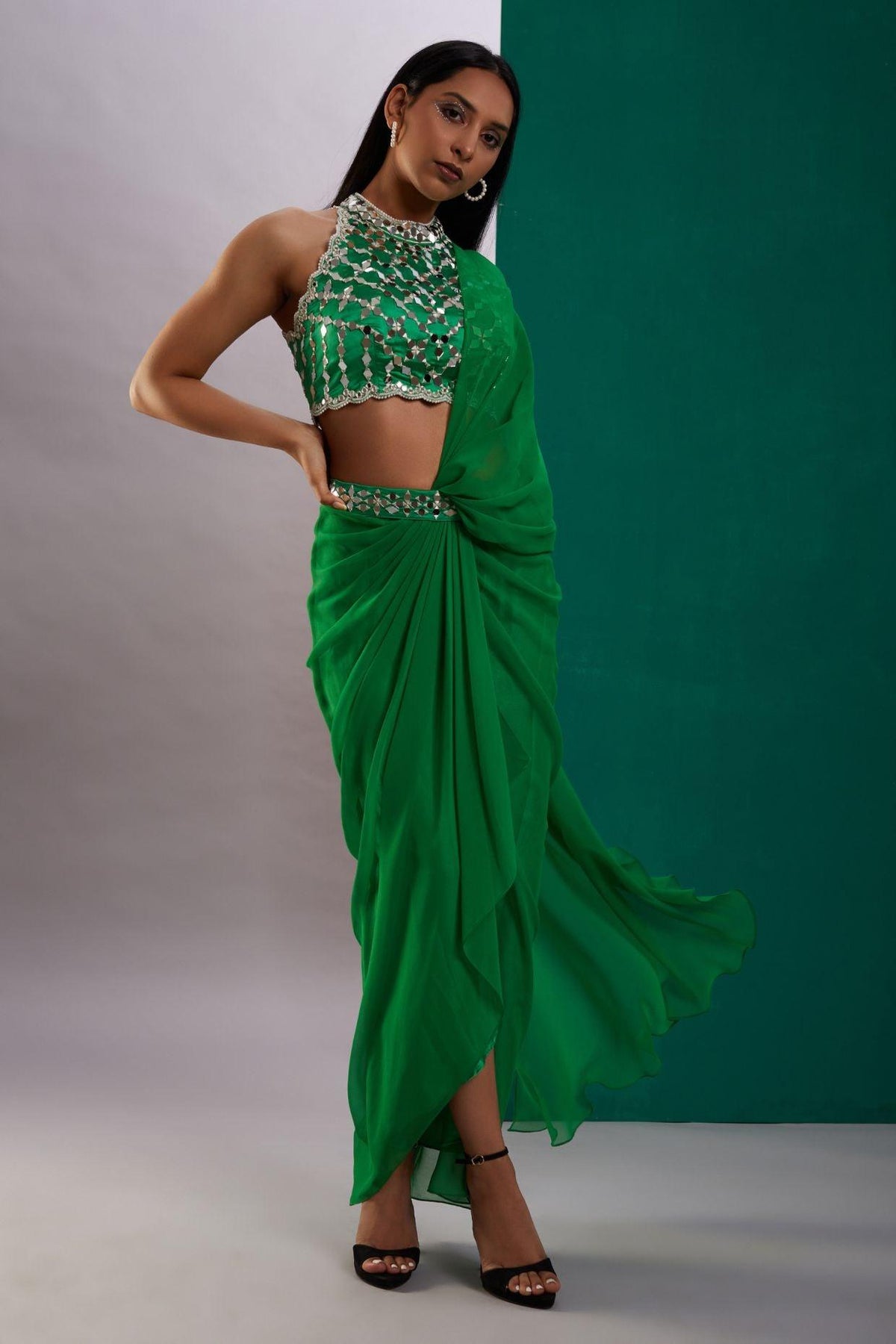 Green Mirror Drape Saree - Preeti s kapoor