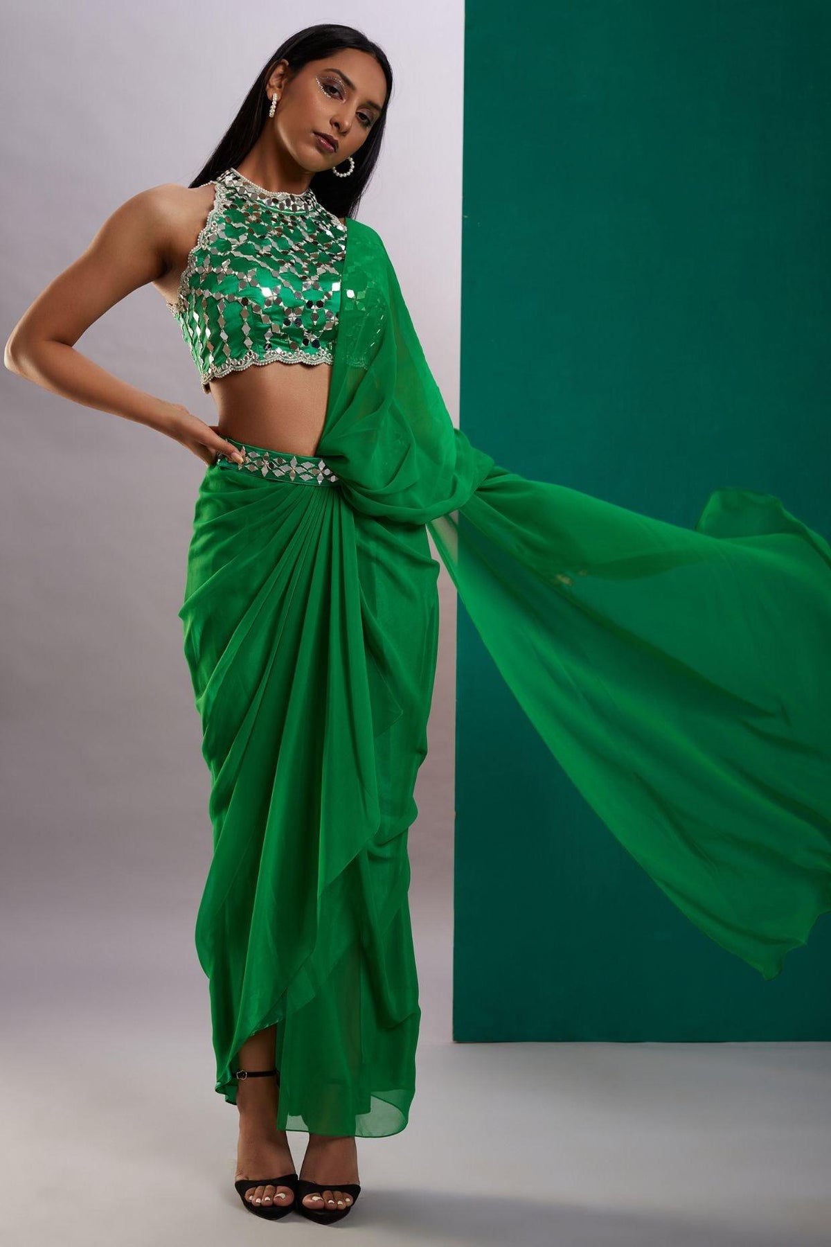 Green Mirror Drape Saree - Preeti s kapoor