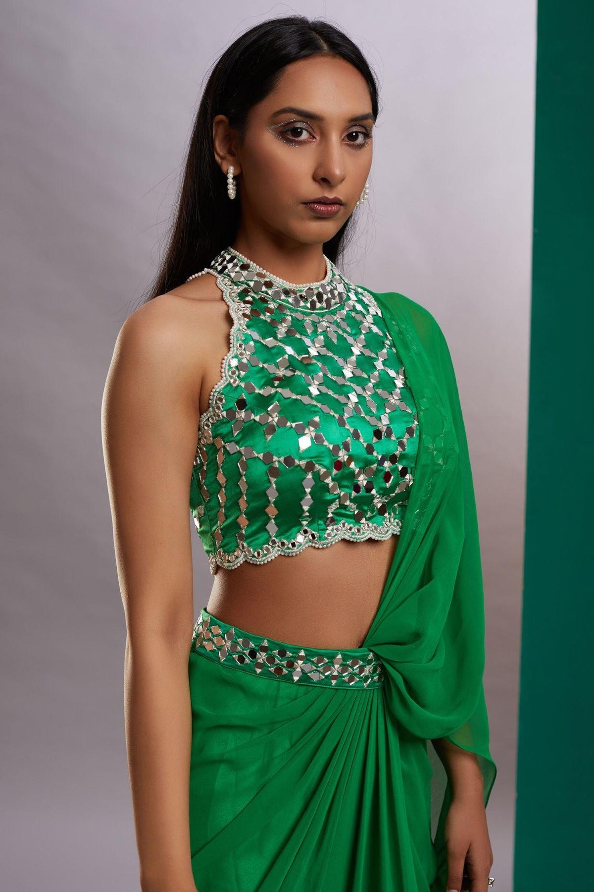 Green Mirror Drape Saree - Preeti s kapoor