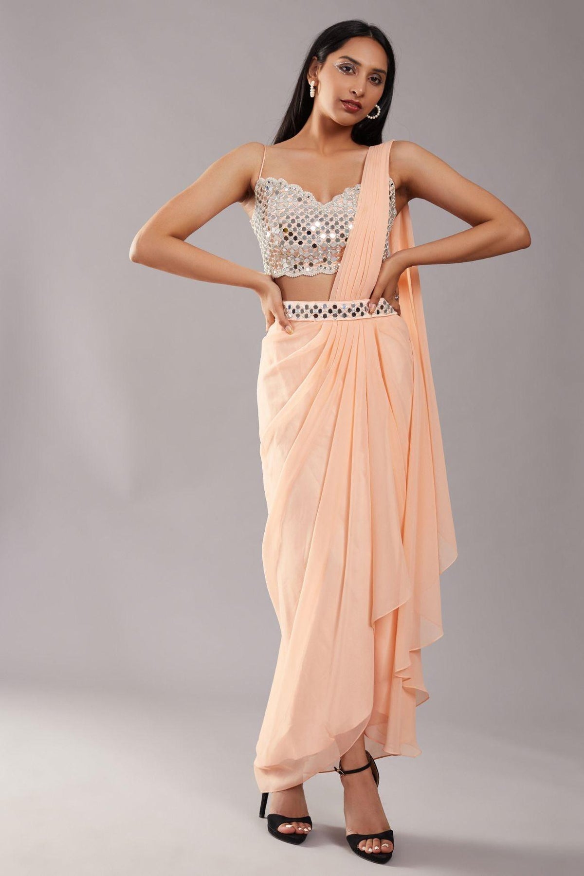 Peach Mirror Drape Saree - Preeti s kapoor