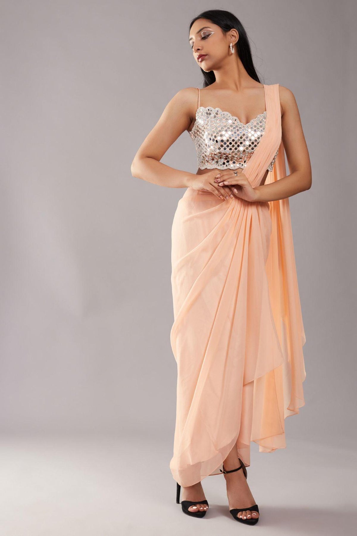 Peach Mirror Drape Saree - Preeti s kapoor