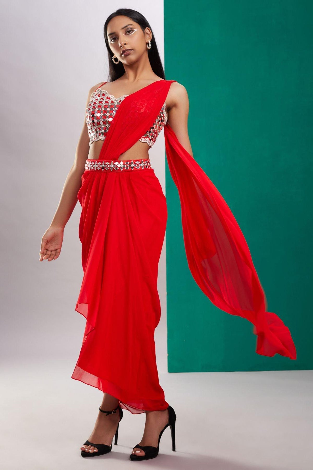 Red Mirror Drape Saree - Preeti s kapoor