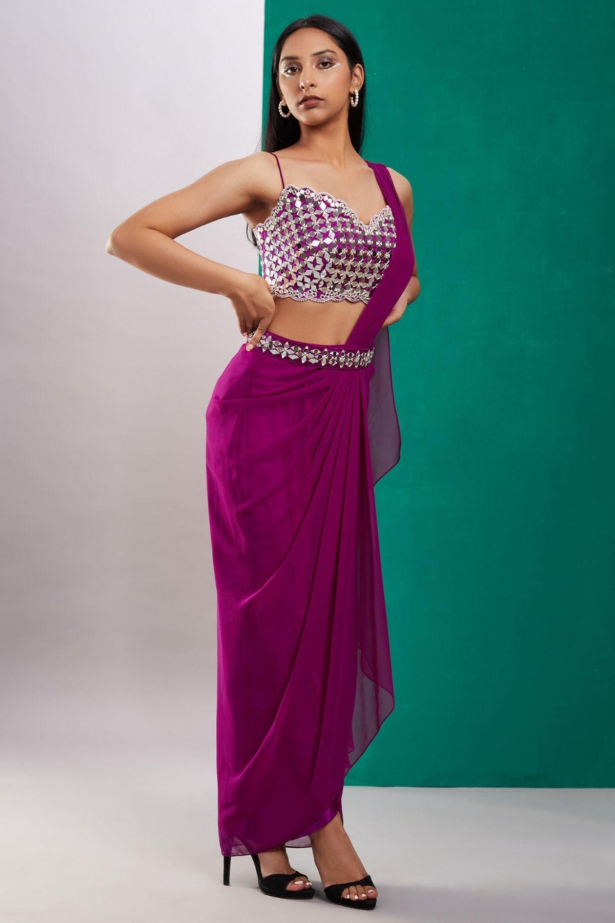Wine Purple Mirror Drape Saree - Preeti s kapoor