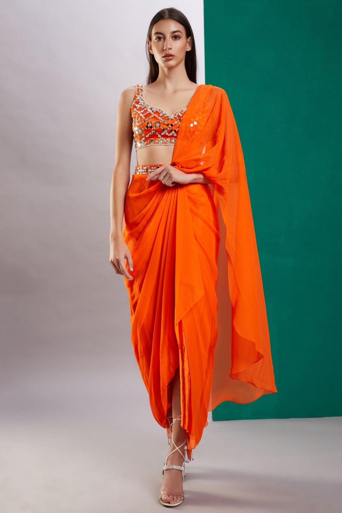 Orange Mirror Drape Saree - Preeti s kapoor