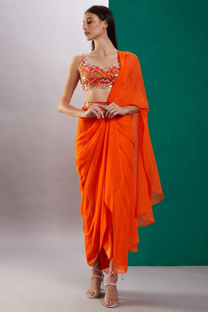 Orange Mirror Drape Saree - Preeti s kapoor