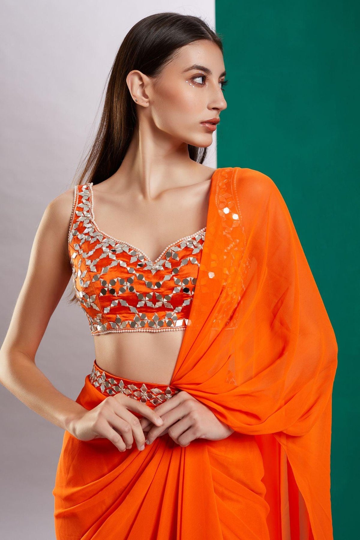Orange Mirror Drape Saree - Preeti s kapoor