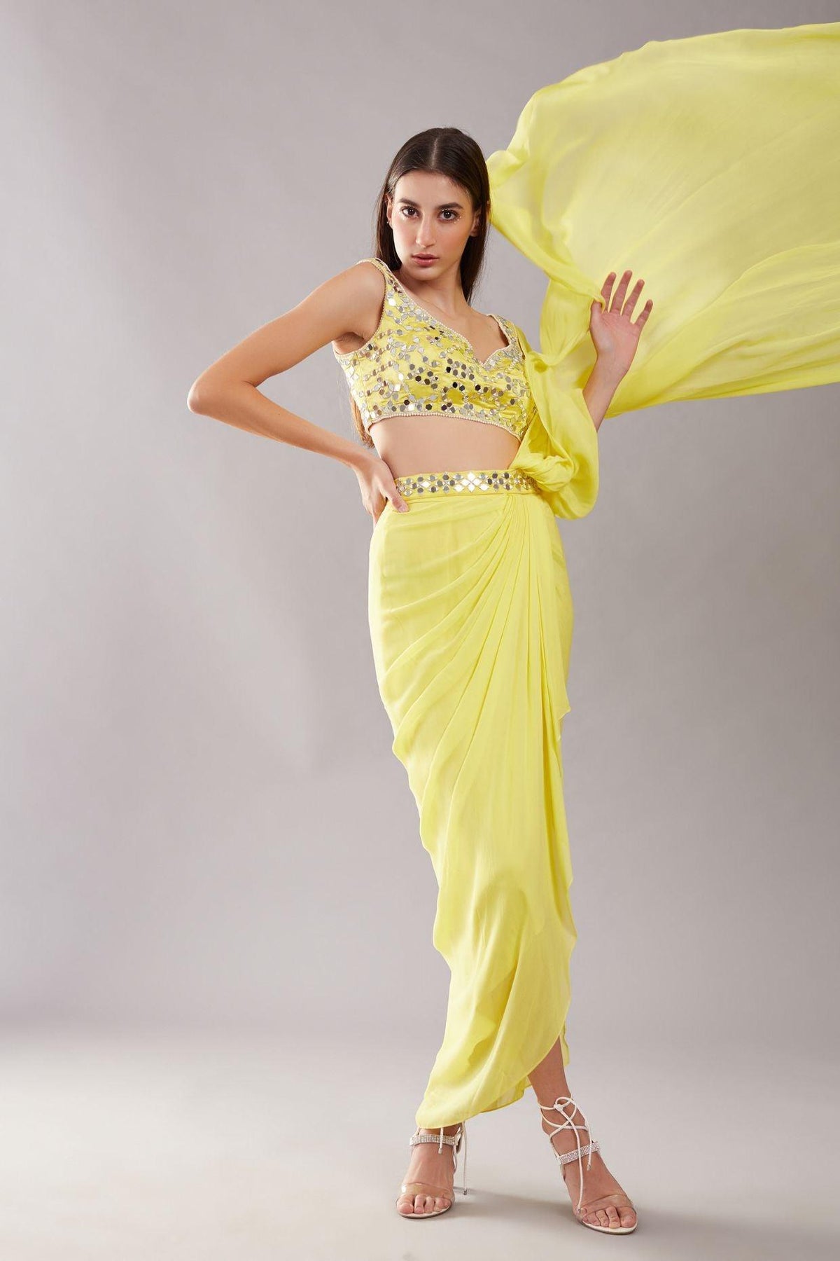 Lime Yellow Mirror Drape Saree - Preeti s kapoor