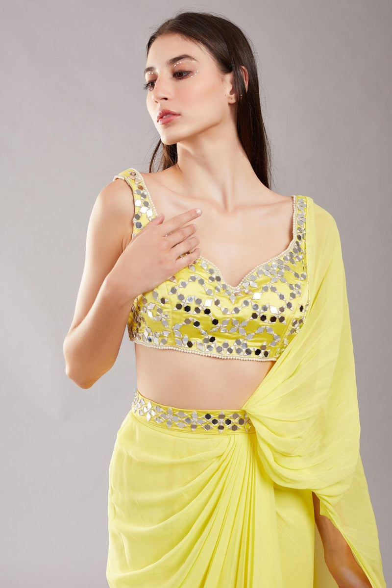 Lime Yellow Mirror Drape Saree - Preeti s kapoor