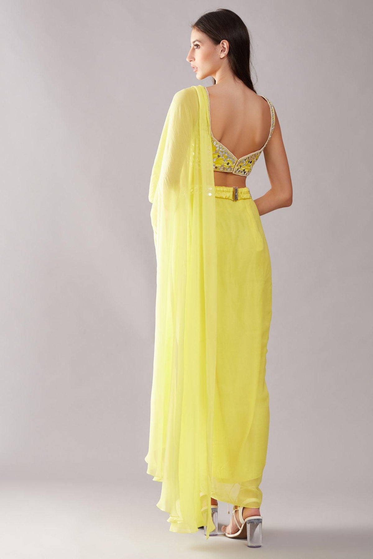 Lime Yellow Mirror Drape Saree - Preeti s kapoor