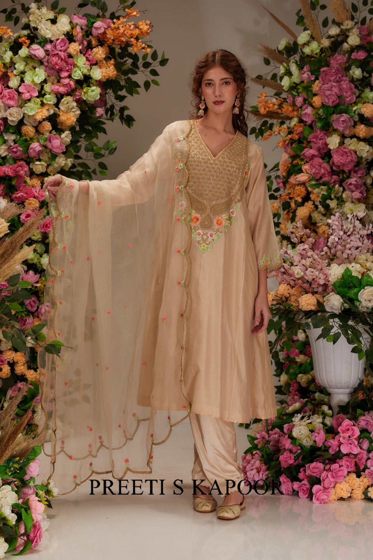 Beige Chanderi Long kalidar Kurta set - Preeti s kapoor