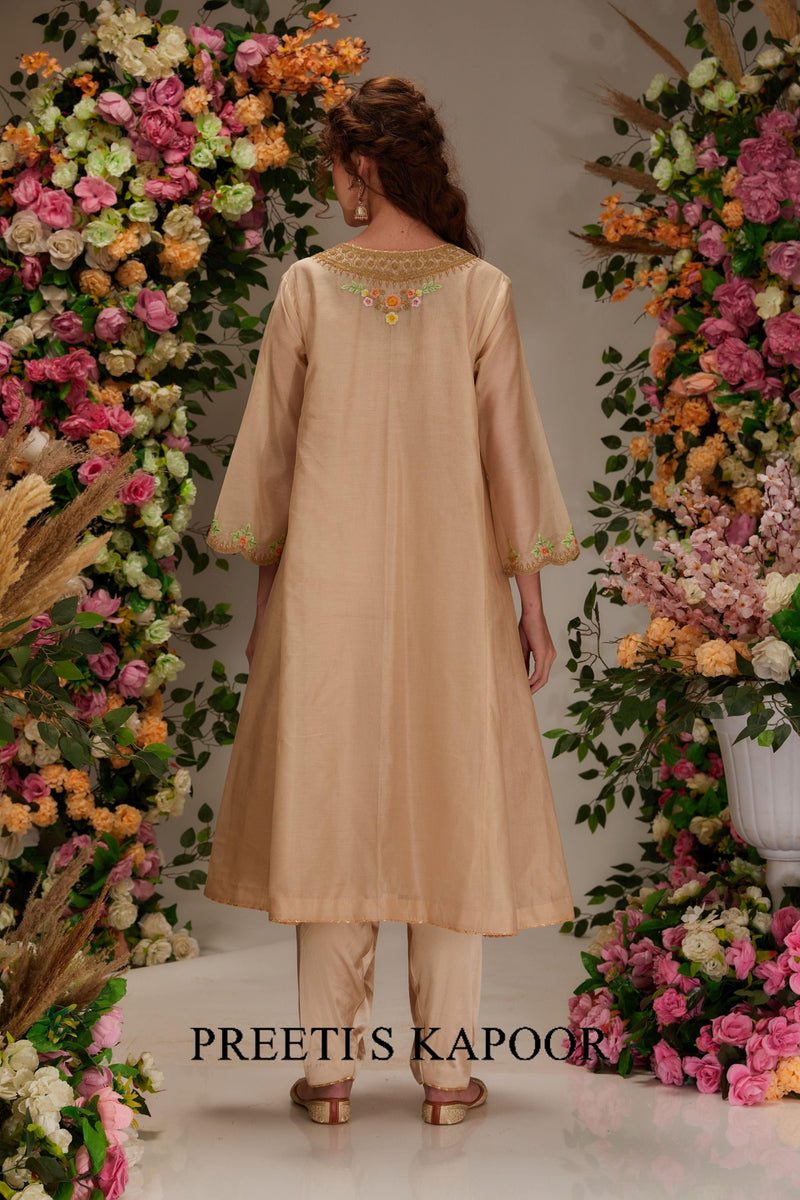 Beige Chanderi Long kalidar Kurta set - Preeti s kapoor