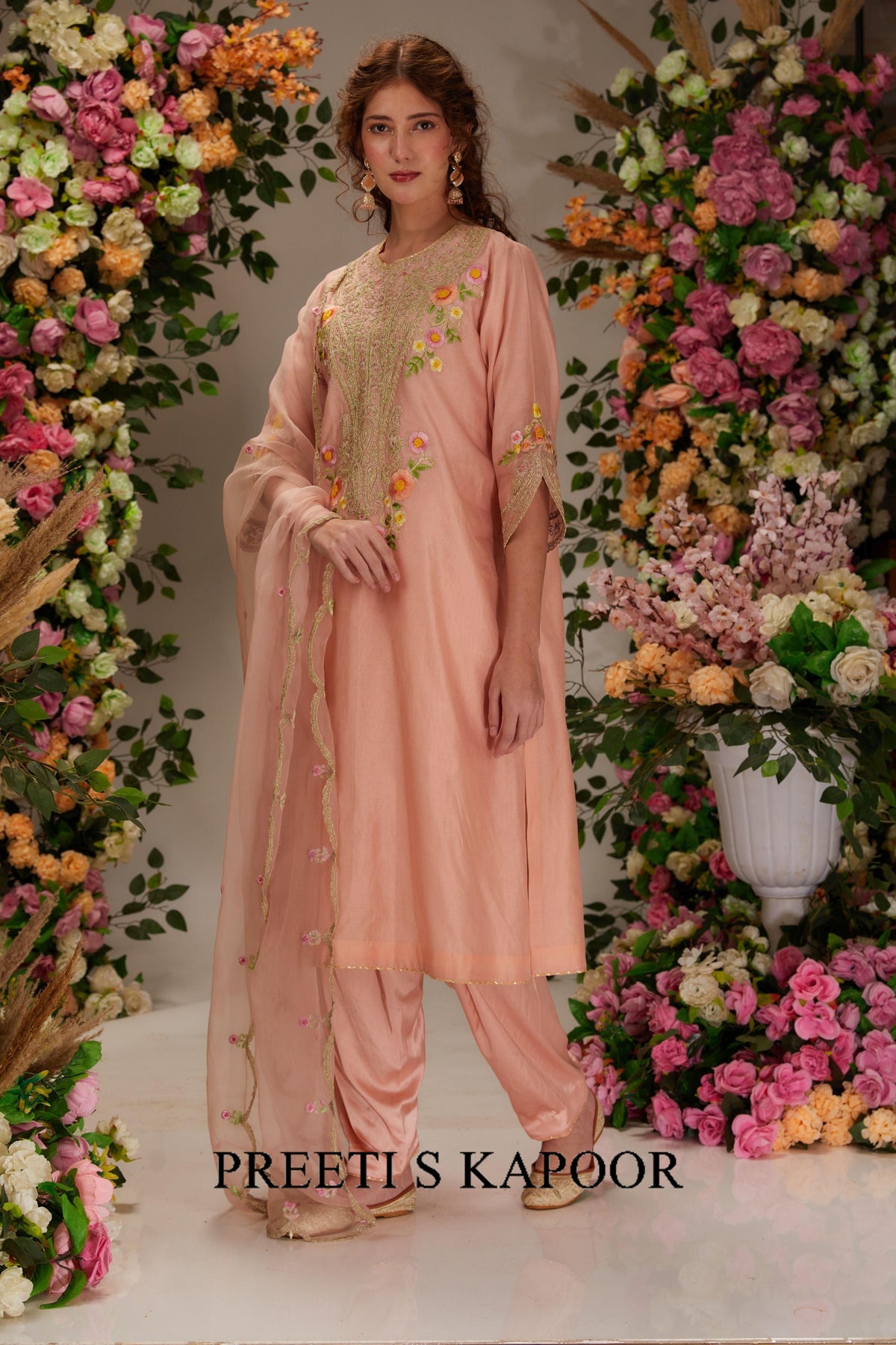 Peach Chanderi Long a-line Kurta set - Preeti s kapoor